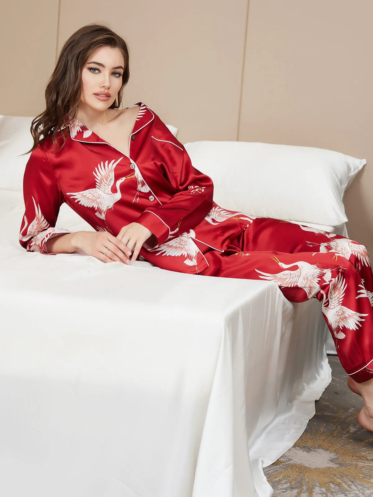 19Momme Women's 100% Mulberry Silk Crane Print Full Length Pajama Set