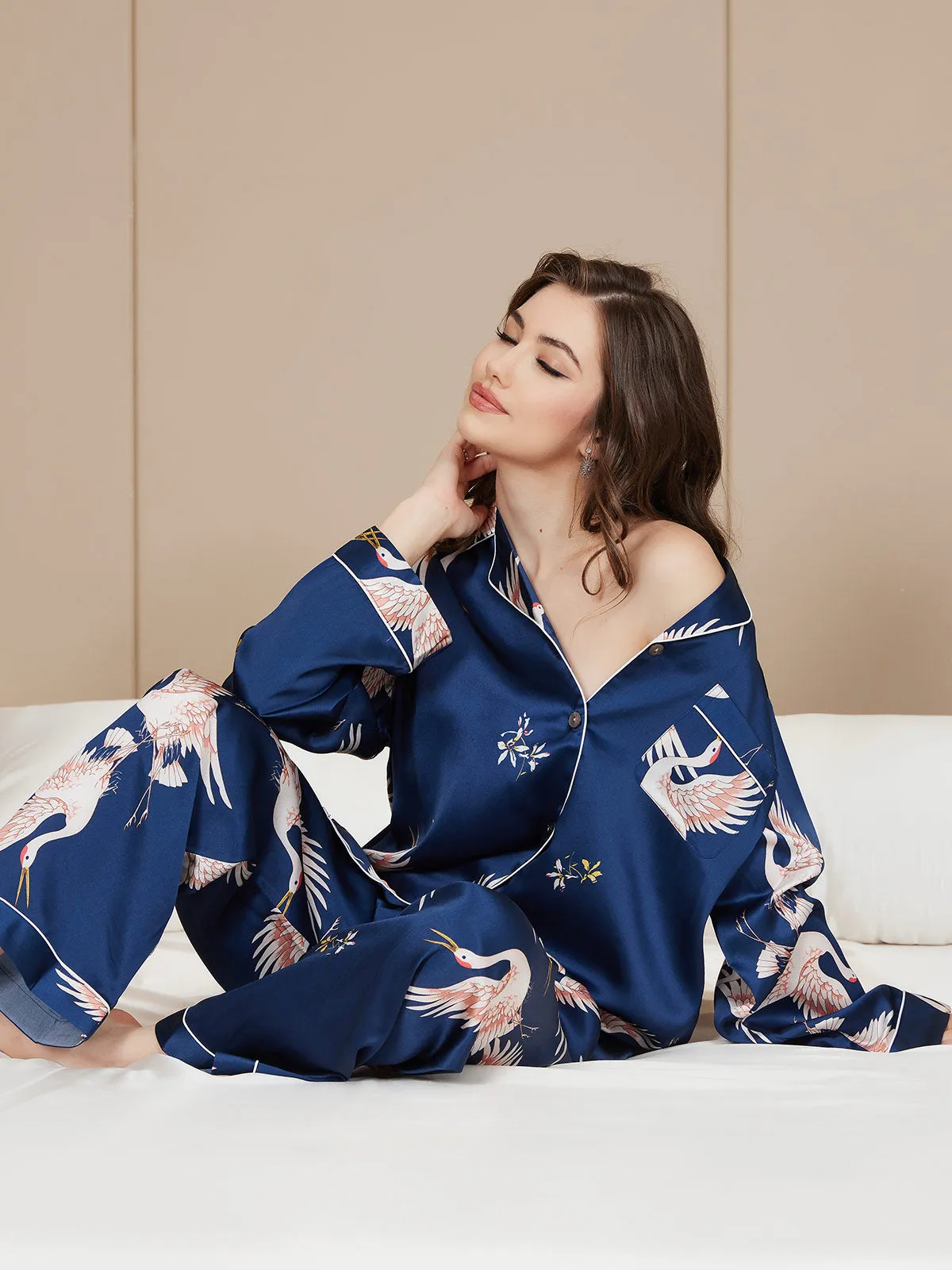 19Momme Women's 100% Mulberry Silk Crane Print Full Length Pajama Set