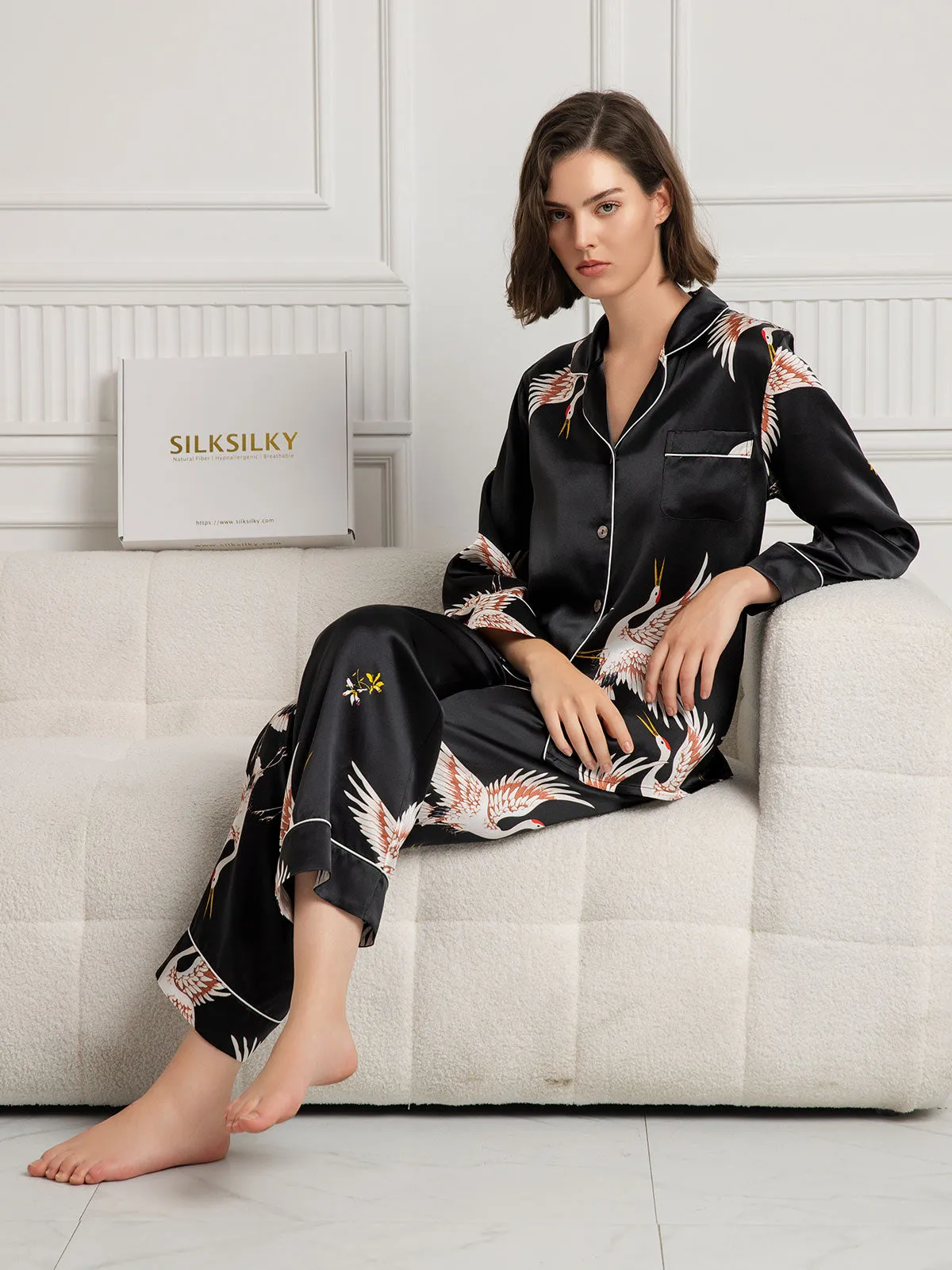 19Momme Women's 100% Mulberry Silk Crane Print Full Length Pajama Set