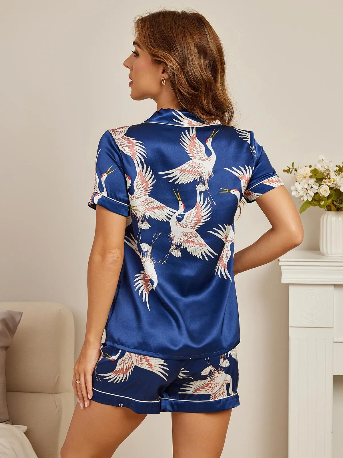 19Momme Women's 100% Mulberry Silk Crane Print Short Sleeve Pajama Set