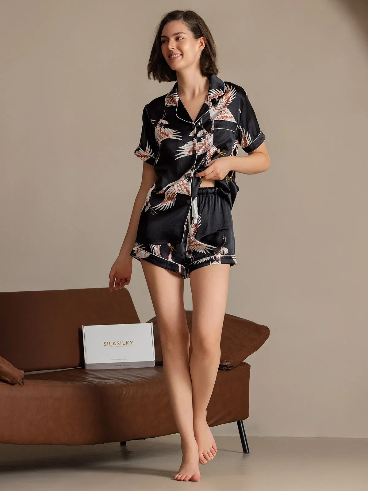 19Momme Women's 100% Mulberry Silk Crane Print Short Sleeve Pajama Set