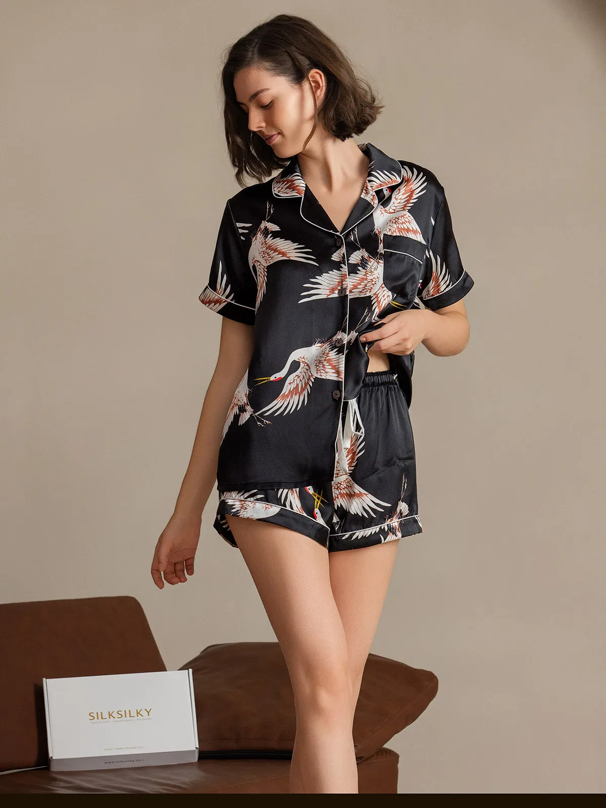 19Momme Women's 100% Mulberry Silk Crane Print Short Sleeve Pajama Set