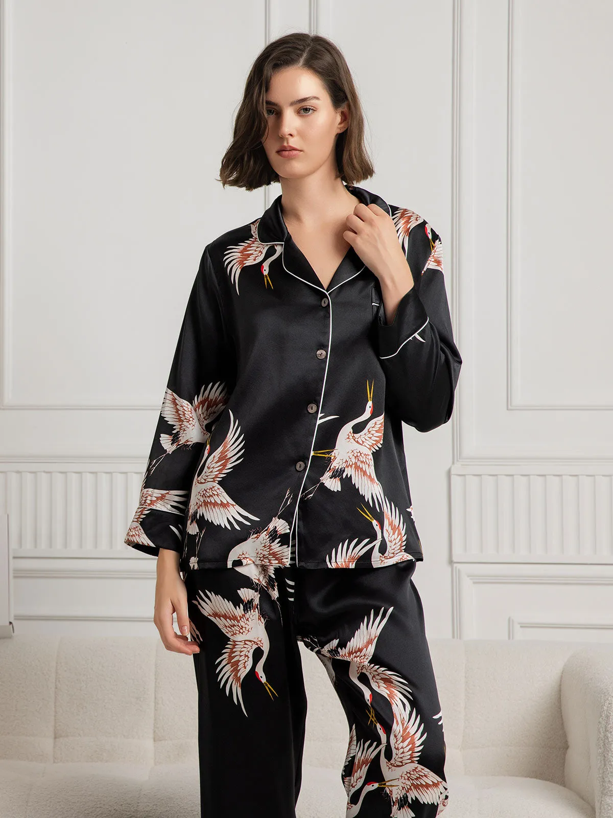 19Momme Women's Silk Crane Print Full Length Pajama Set