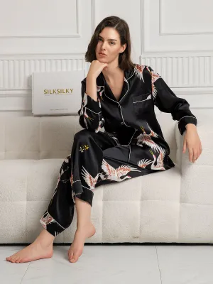 19Momme Women's Silk Crane Print Full Length Pajama Set
