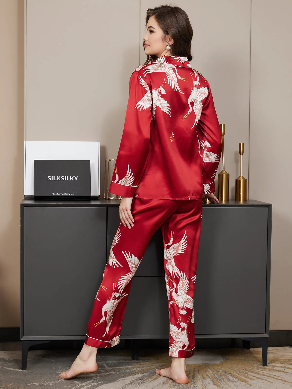 19Momme Women's Silk Crane Print Full Length Pajama Set
