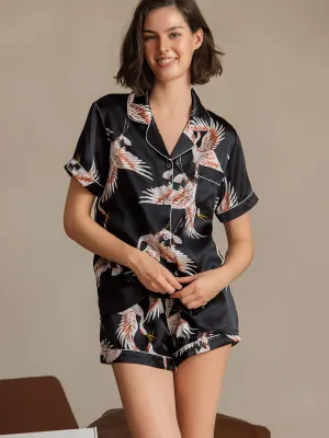 19Momme Women's Silk Crane Print Short Sleeve Pajama Set