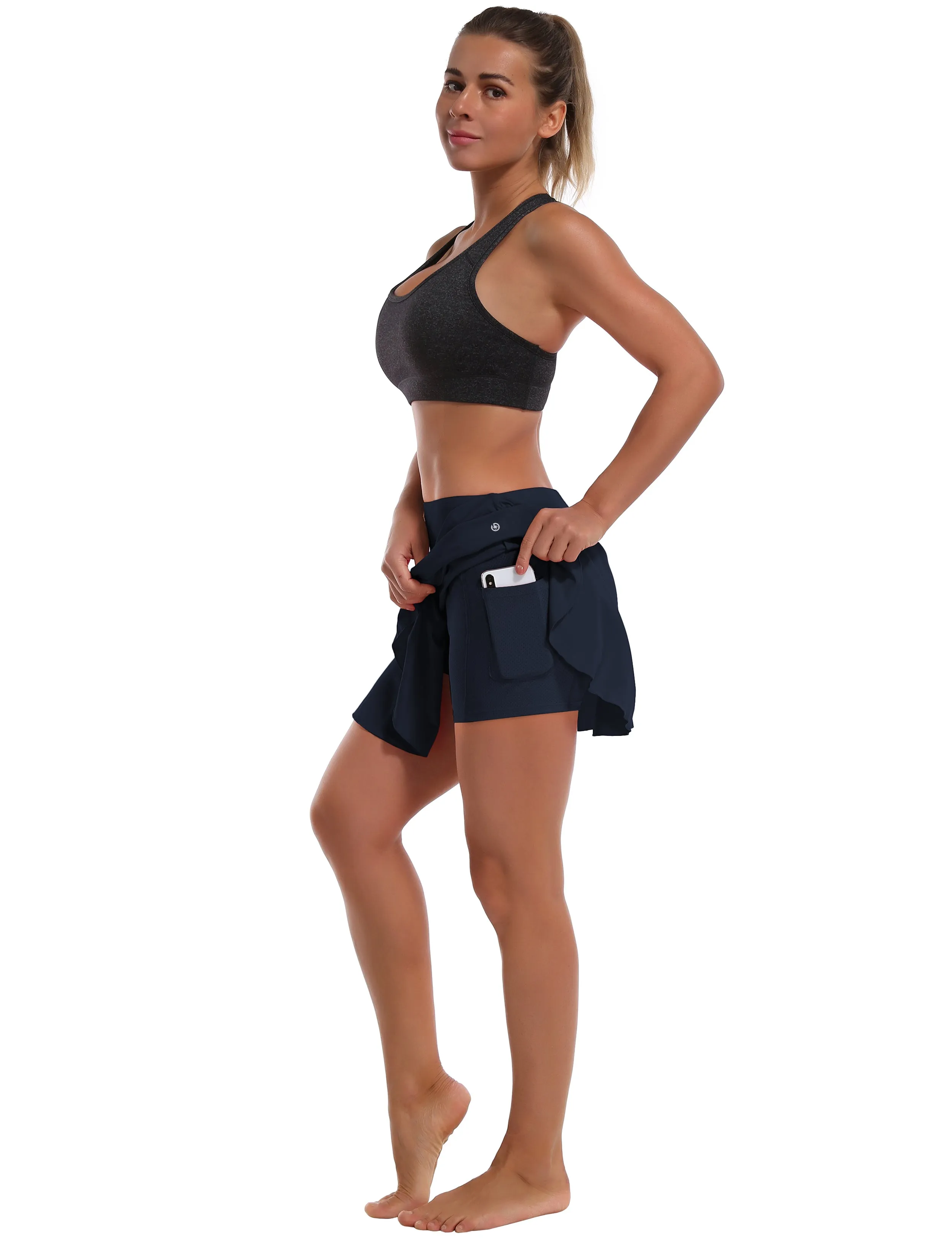 Athletic Tennis Golf Pleated Skort Awith Pocket Shorts darknavy_yogastudio