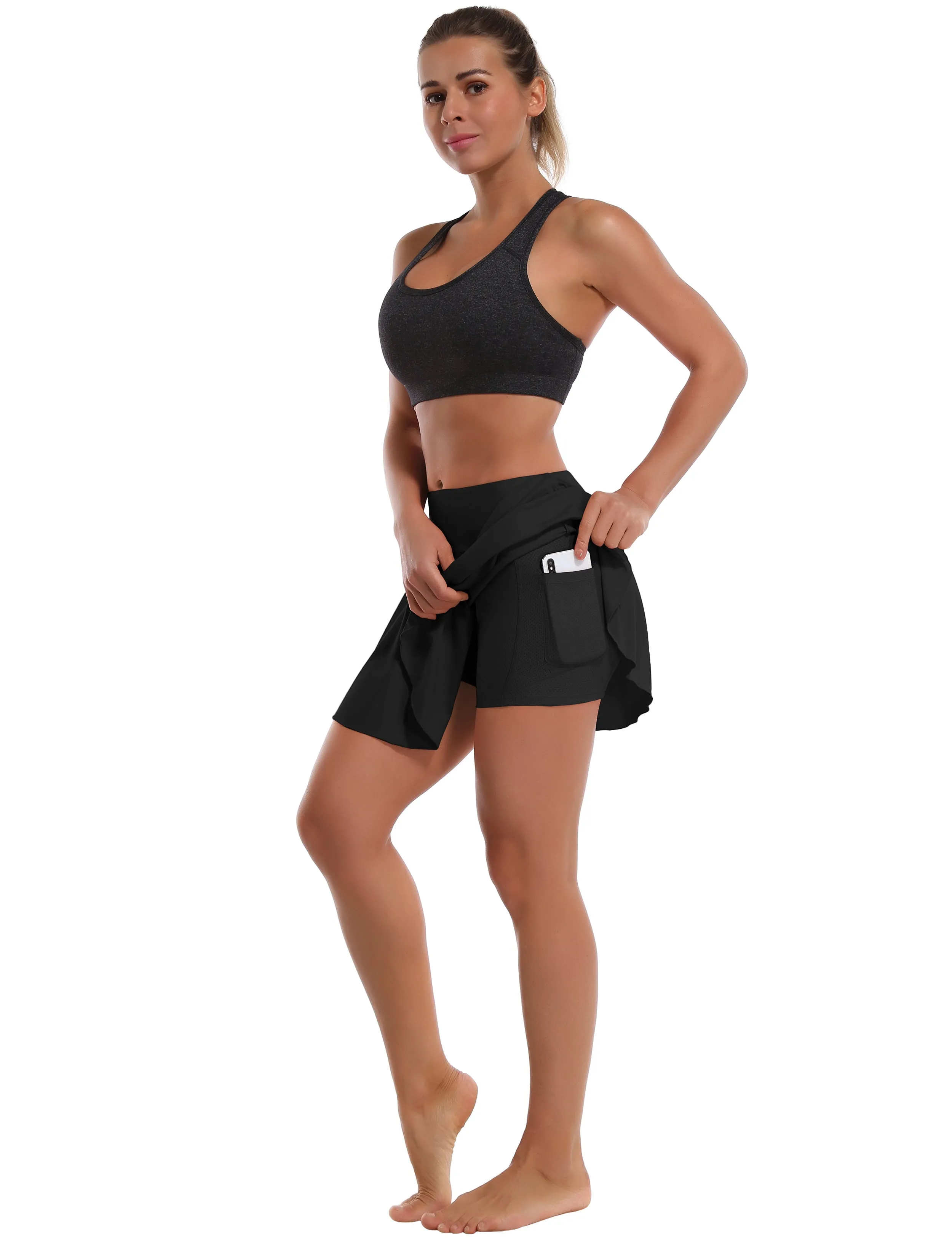 Athletic Tennis Golf Pleated Skort with Pocket Shorts black_Pilates