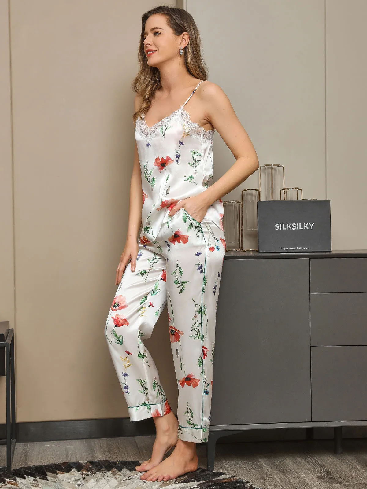 Clearance (US Warehouse) - 19Momme Pure Silk Floral Pattern Pajamas 2Pcs