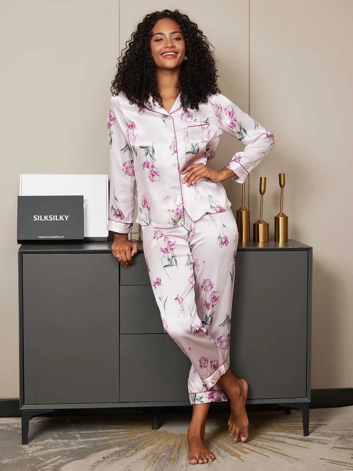 Clearance(US Warehouse) -Pure Silk Floral Pattern Womens Pajama Set