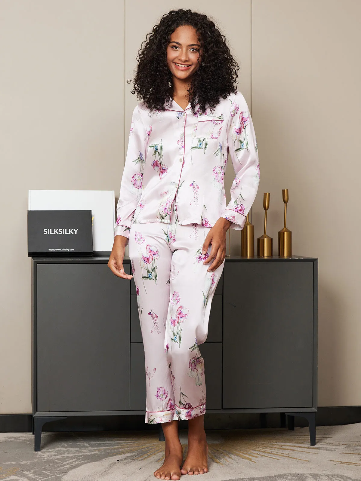 Clearance(US Warehouse) -Pure Silk Floral Pattern Womens Pajama Set