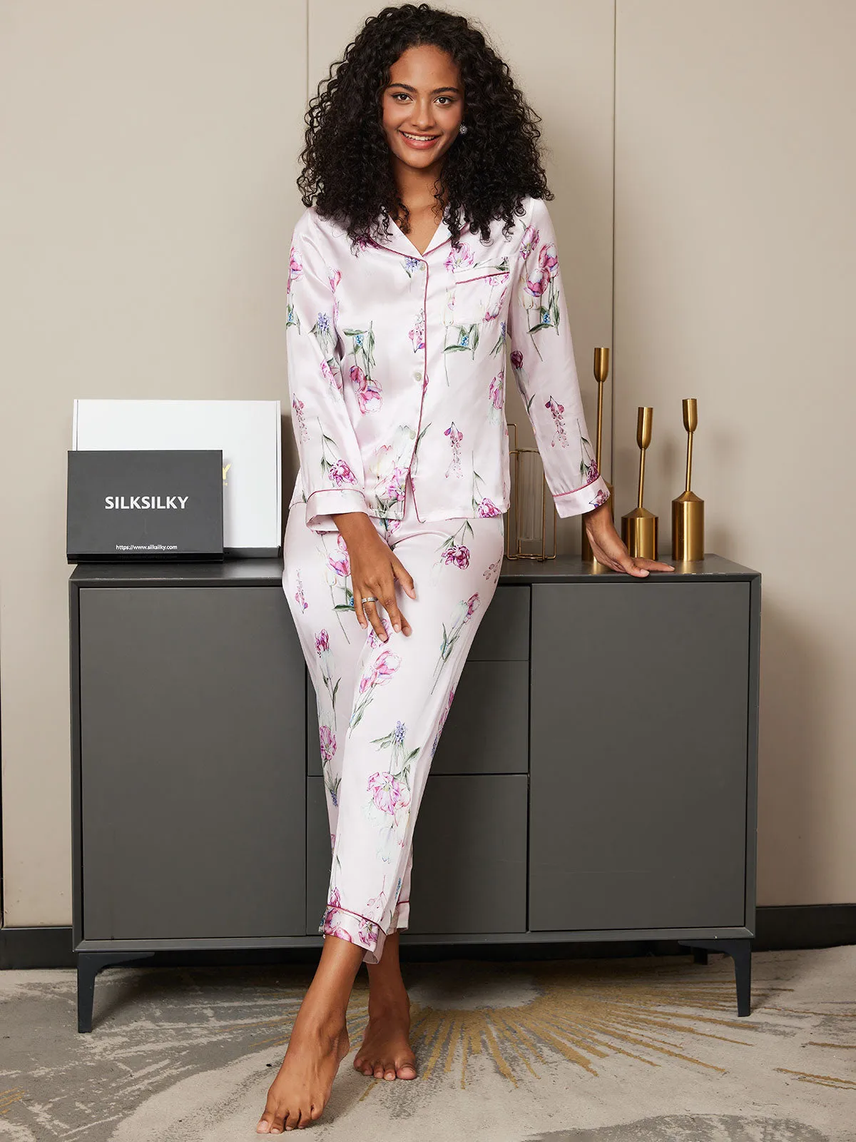 Clearance(US Warehouse) -Pure Silk Floral Pattern Womens Pajama Set