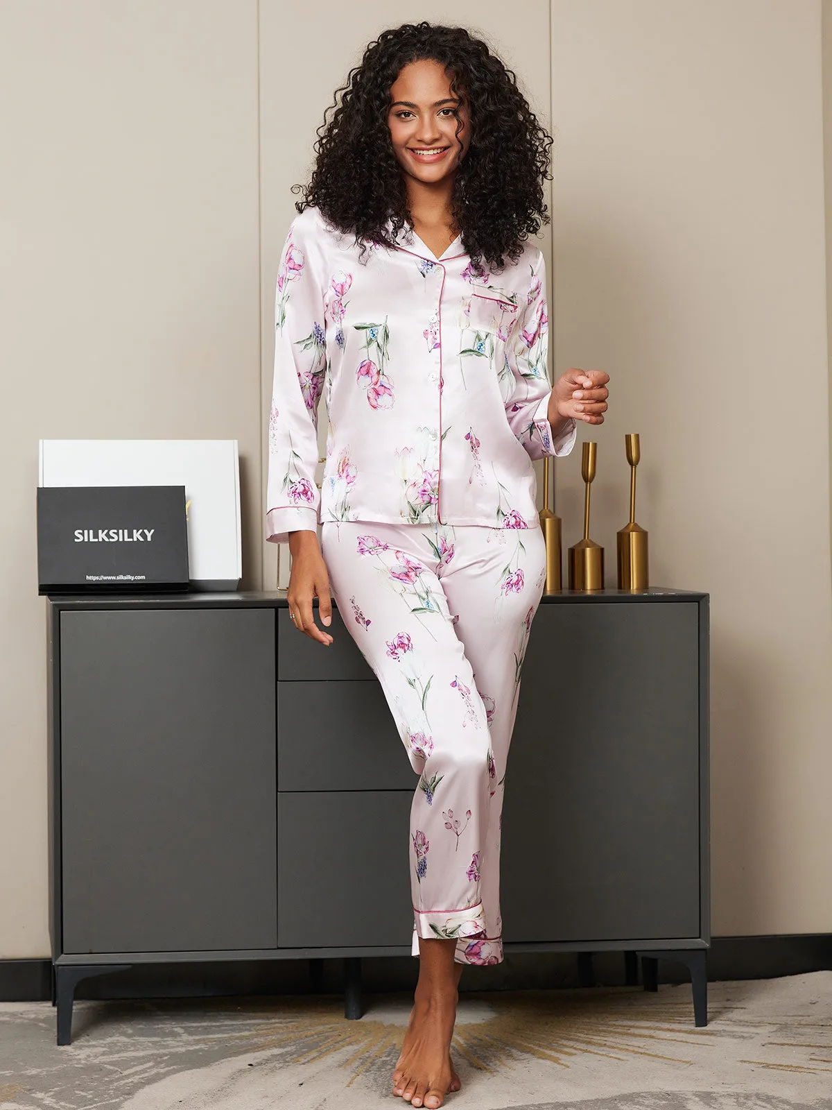 Clearance(US Warehouse) -Pure Silk Floral Pattern Womens Pajama Set