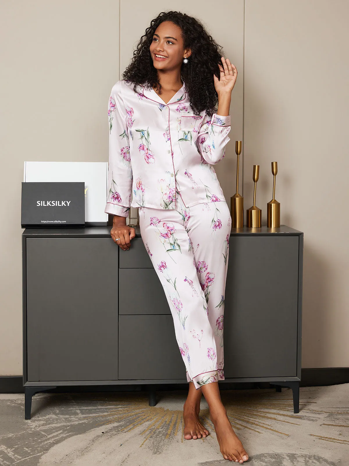 Clearance(US Warehouse) -Pure Silk Floral Pattern Womens Pajama Set