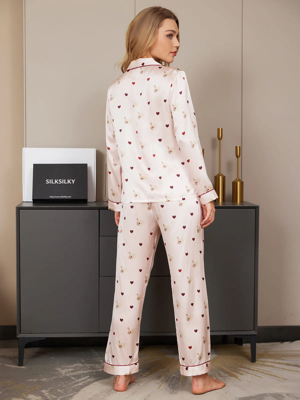 Clearance(US Warehouse) -Pure Silk Heart Pattern Button Up Womens Pajamas 2Pcs