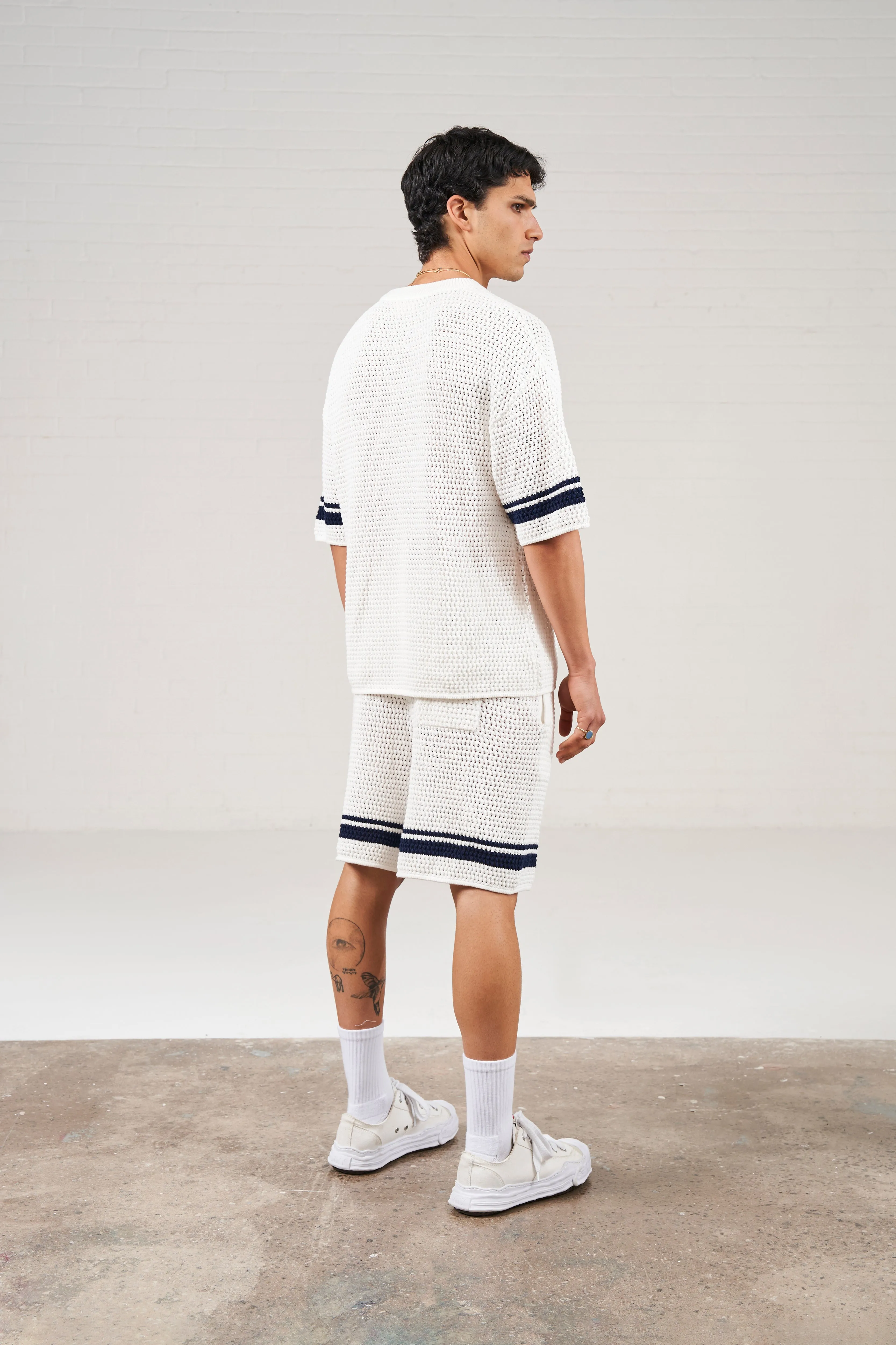 CROCHET KNITTED CONTRAST STRIPE SHORTS - WHITE