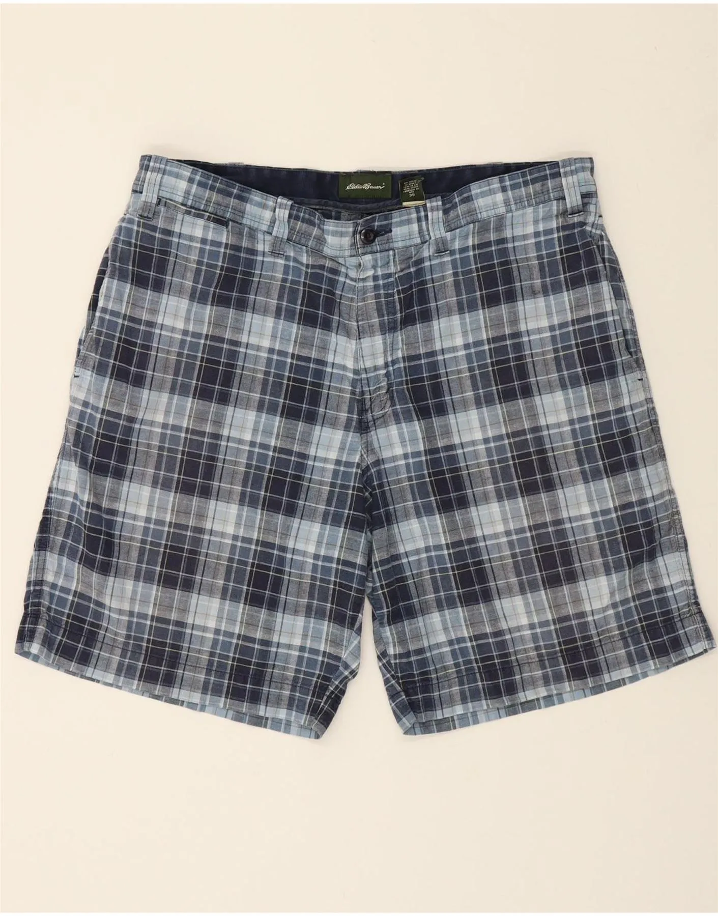 EDDIE BAUER Mens Chino Shorts W38 XL Navy Blue Check Cotton