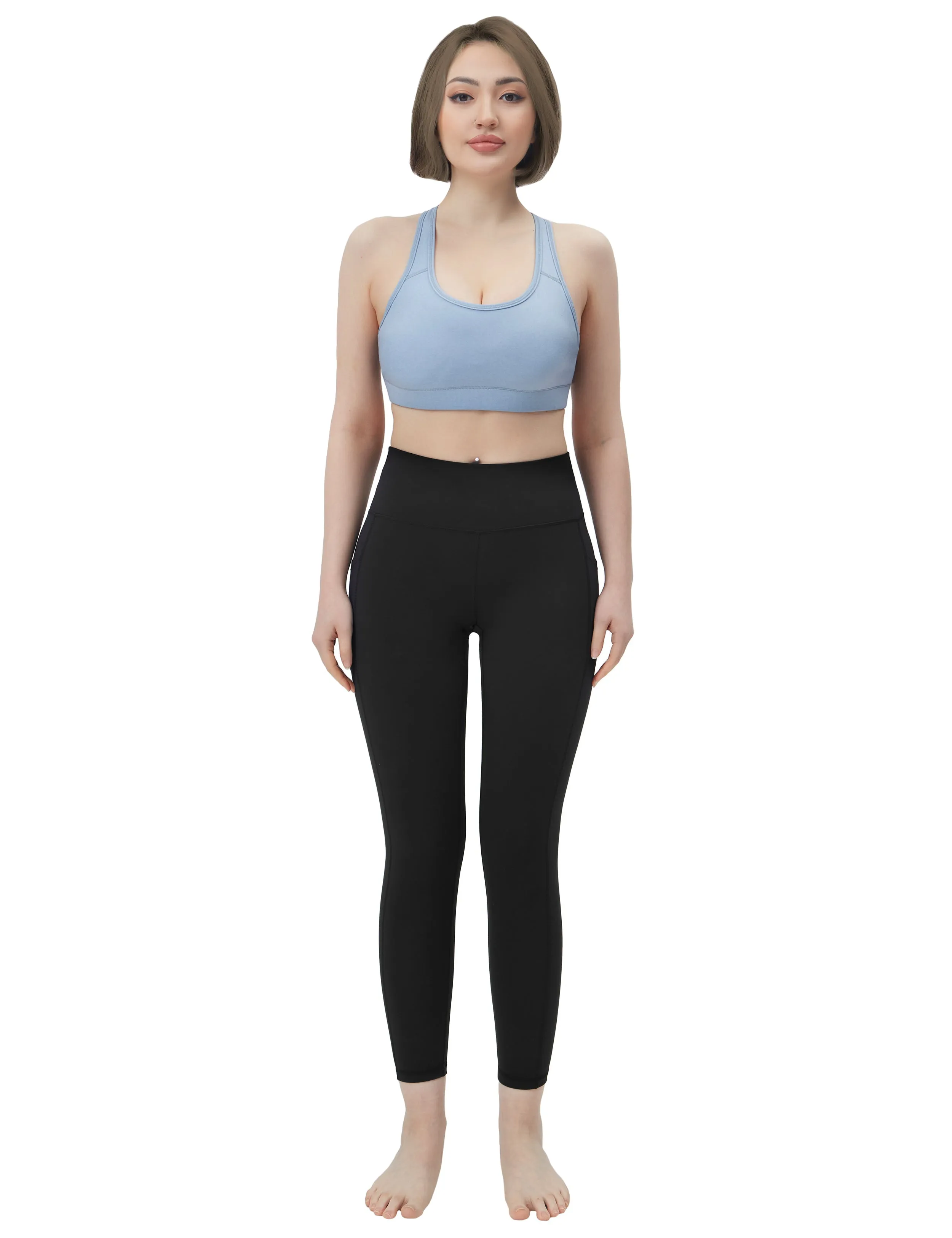 High Waisted Running Pants 7/8 Length Leggings with Pockets black_Running