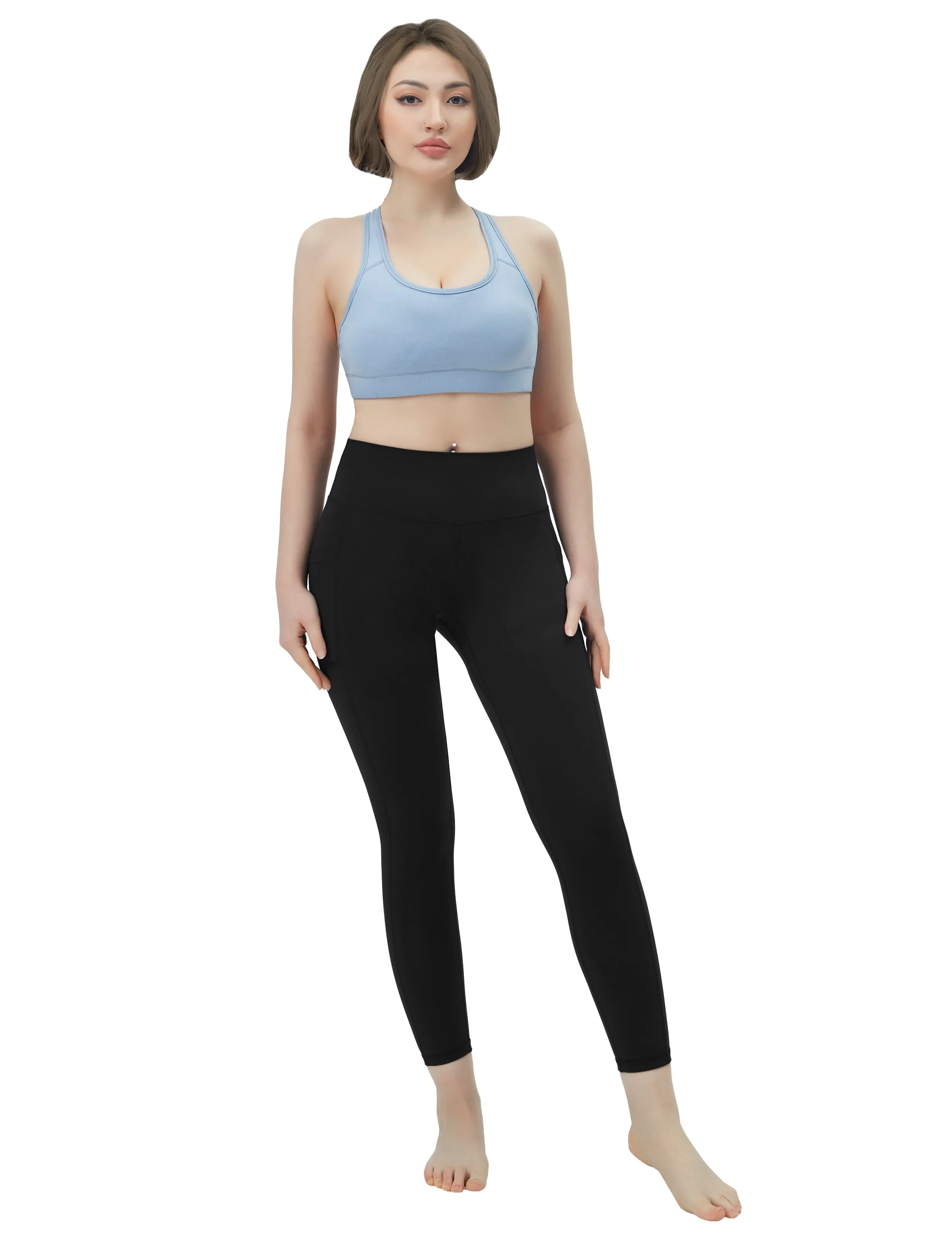 High Waisted Running Pants 7/8 Length Leggings with Pockets black_Running