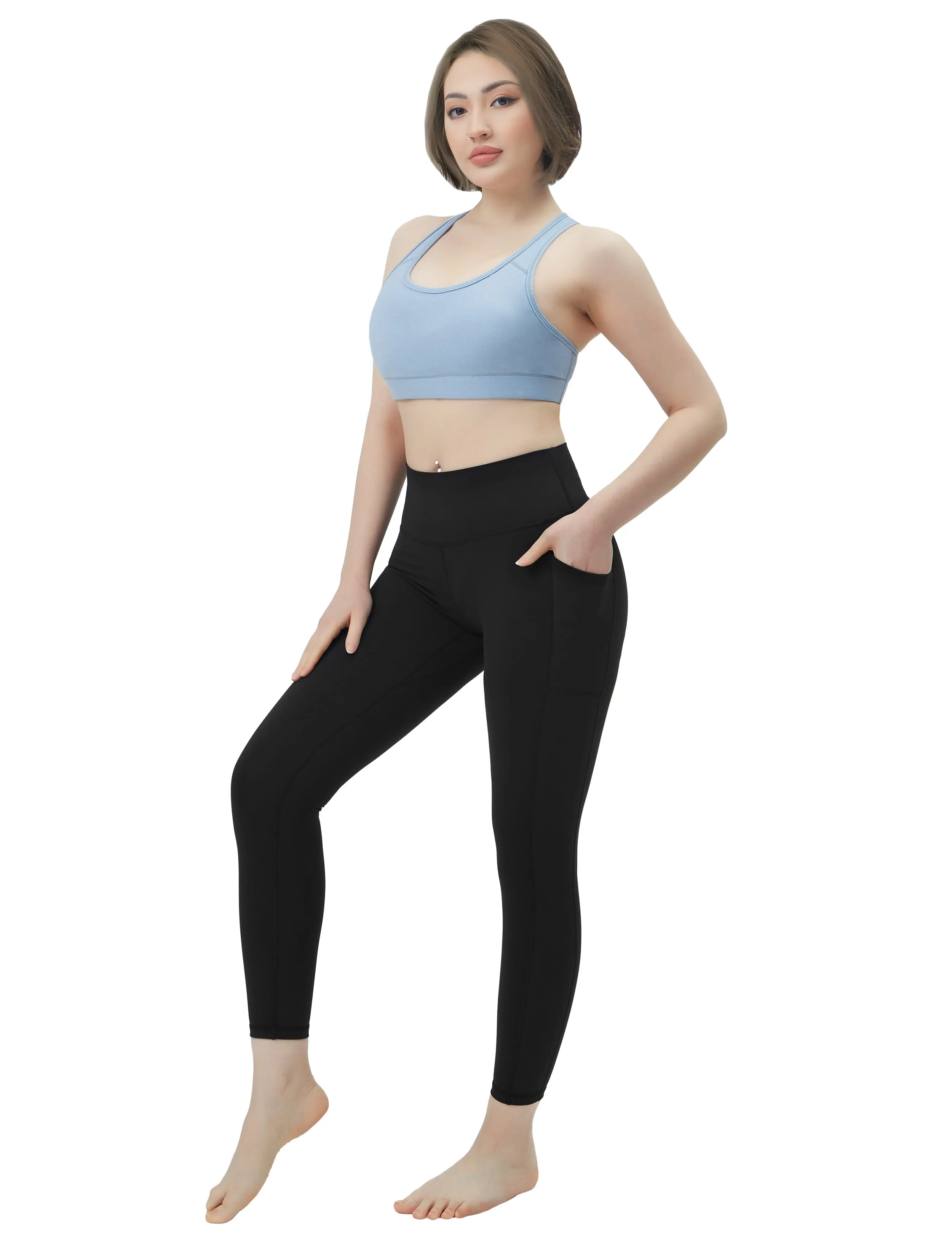 High Waisted Running Pants 7/8 Length Leggings with Pockets black_Running