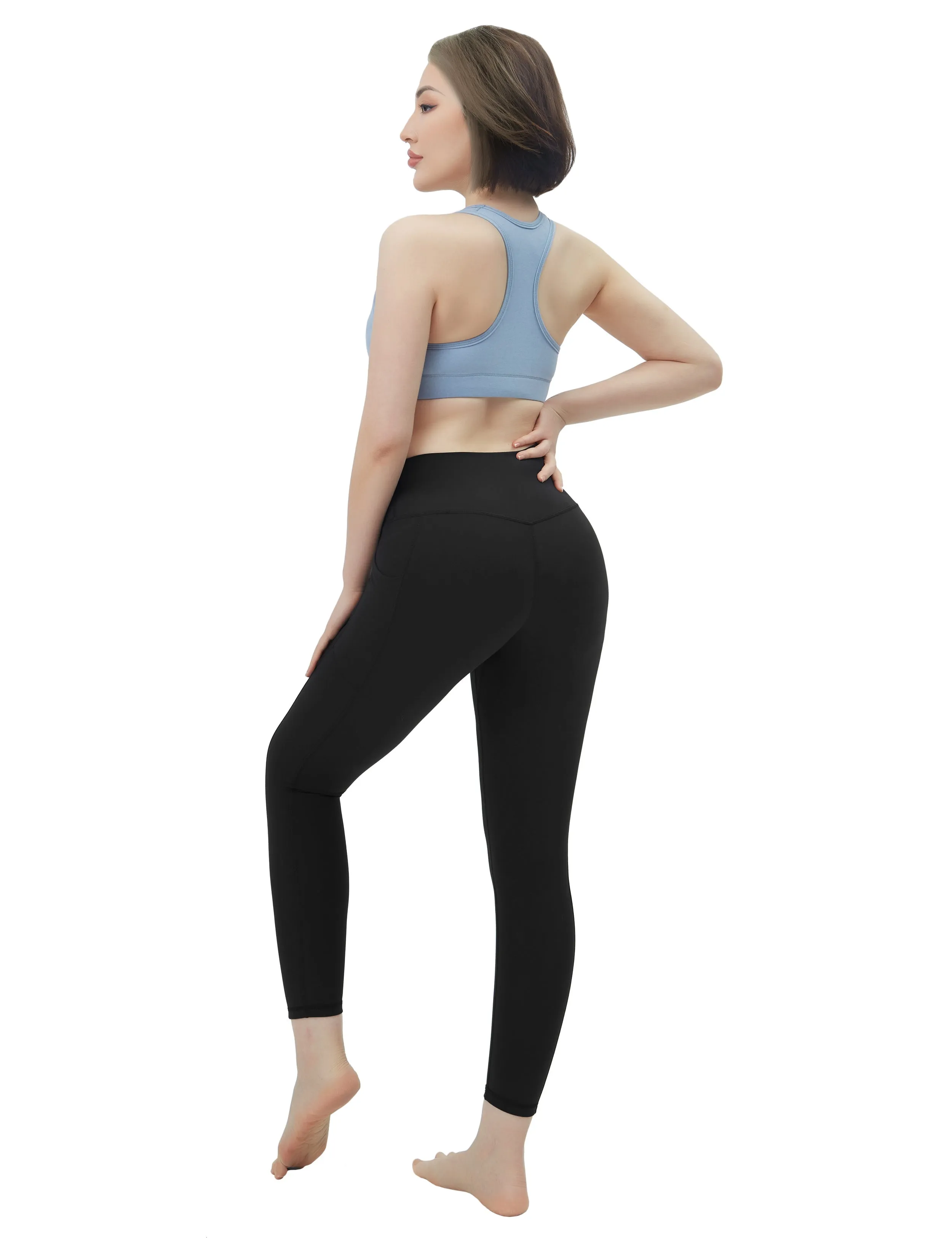 High Waisted Running Pants 7/8 Length Leggings with Pockets black_Running