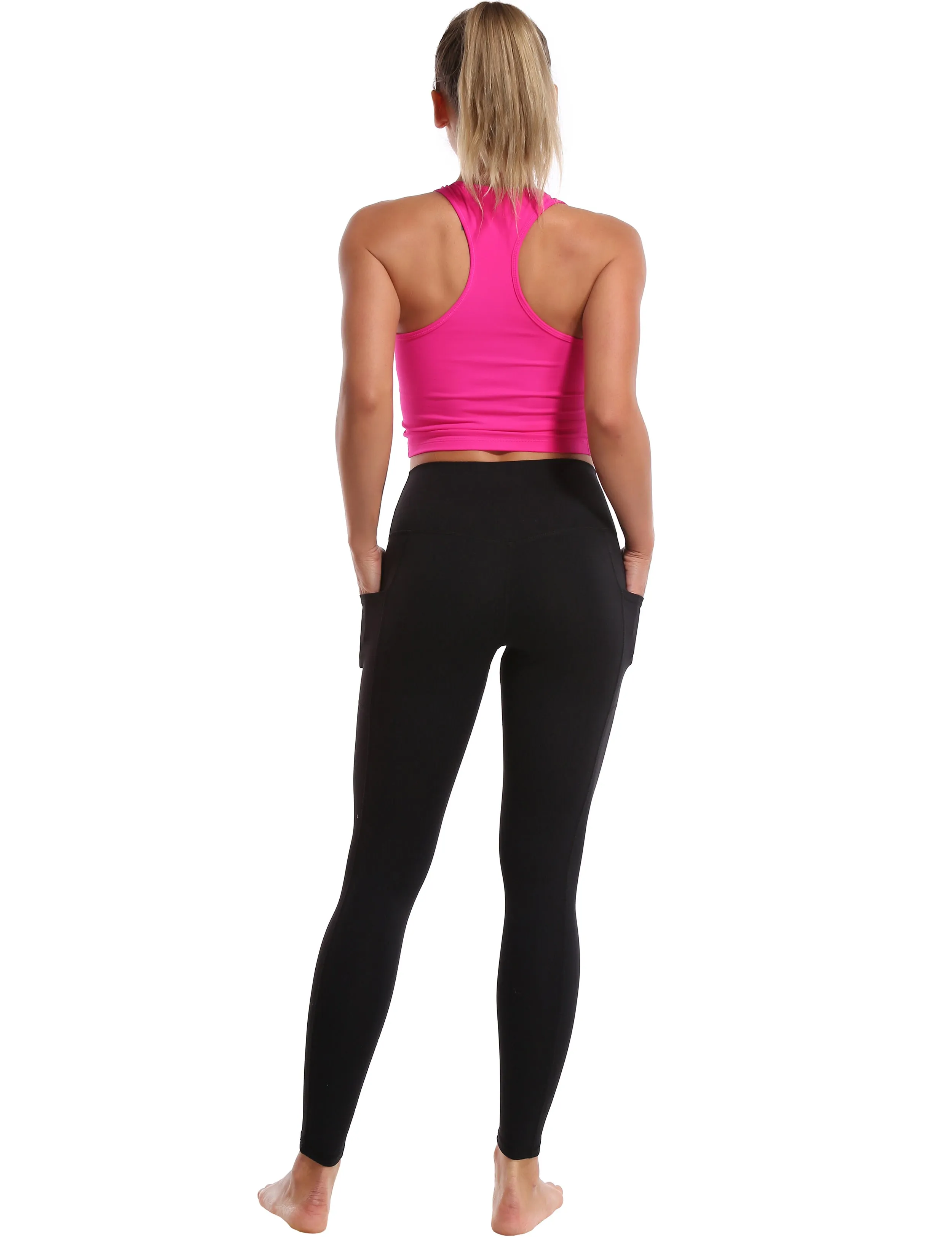 High Waisted Running Pants 7/8 Length Leggings with Pockets black_Running