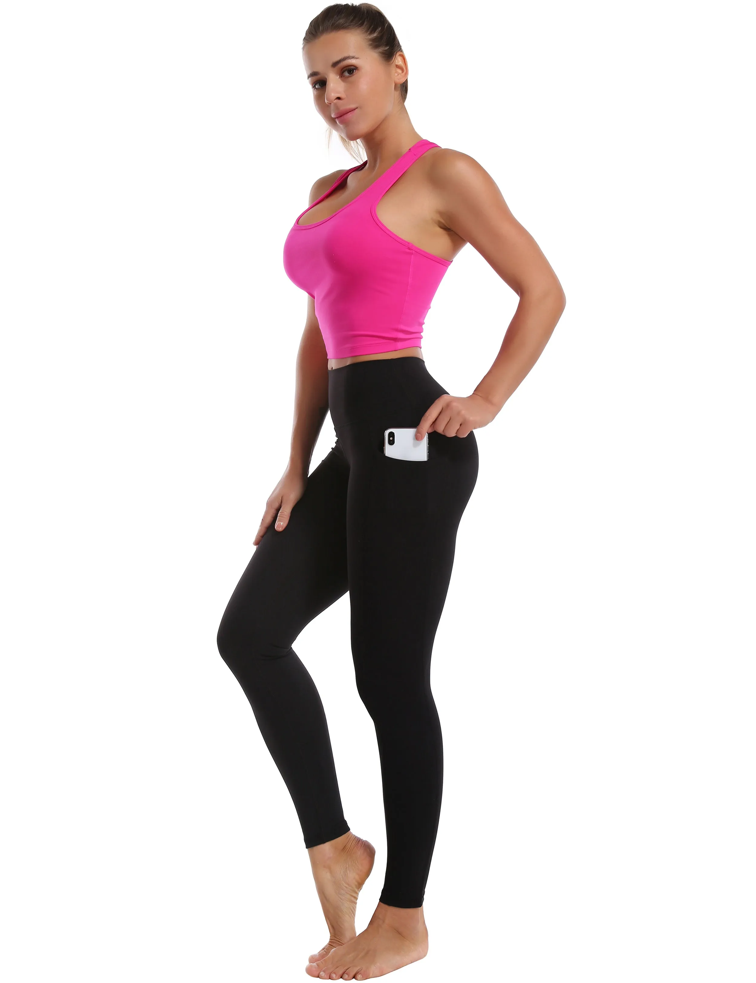 High Waisted Running Pants 7/8 Length Leggings with Pockets black_Running