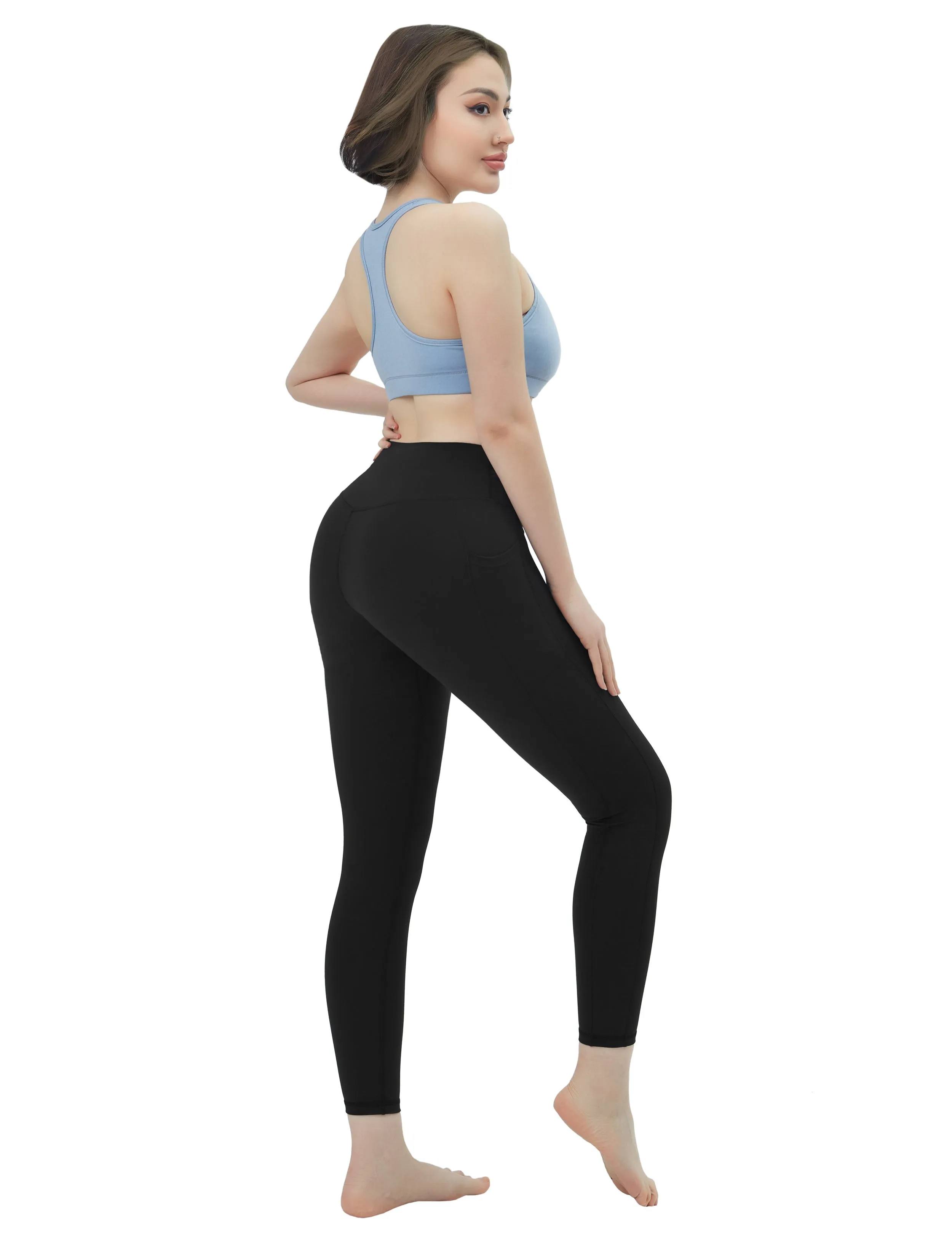 High Waisted Running Pants 7/8 Length Leggings with Pockets black_Running