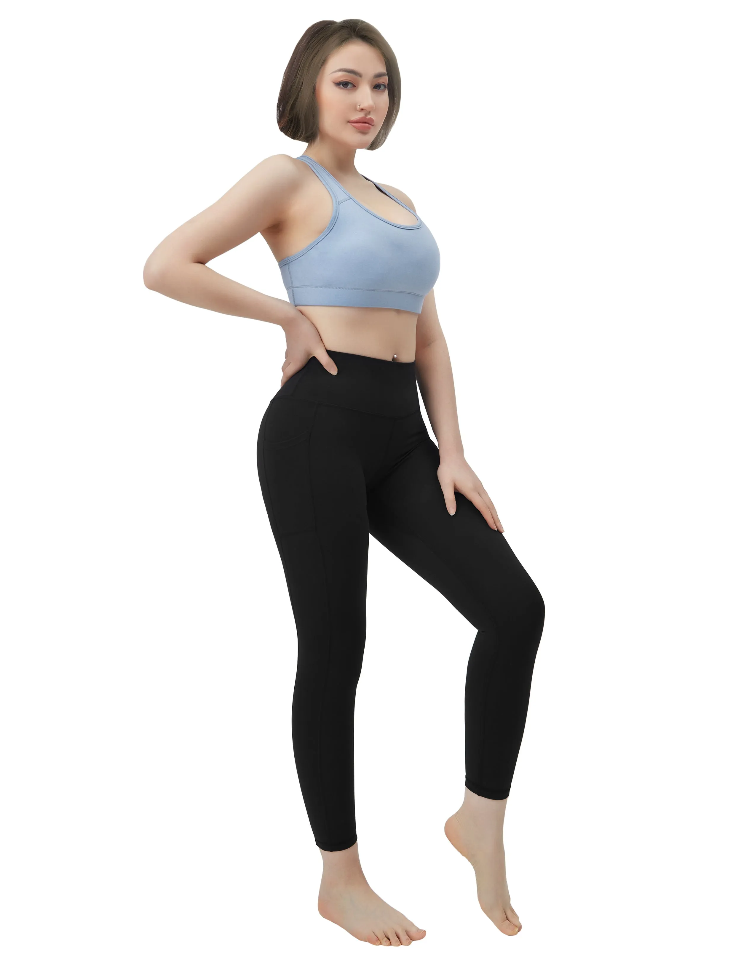 High Waisted Running Pants 7/8 Length Leggings with Pockets black_Running