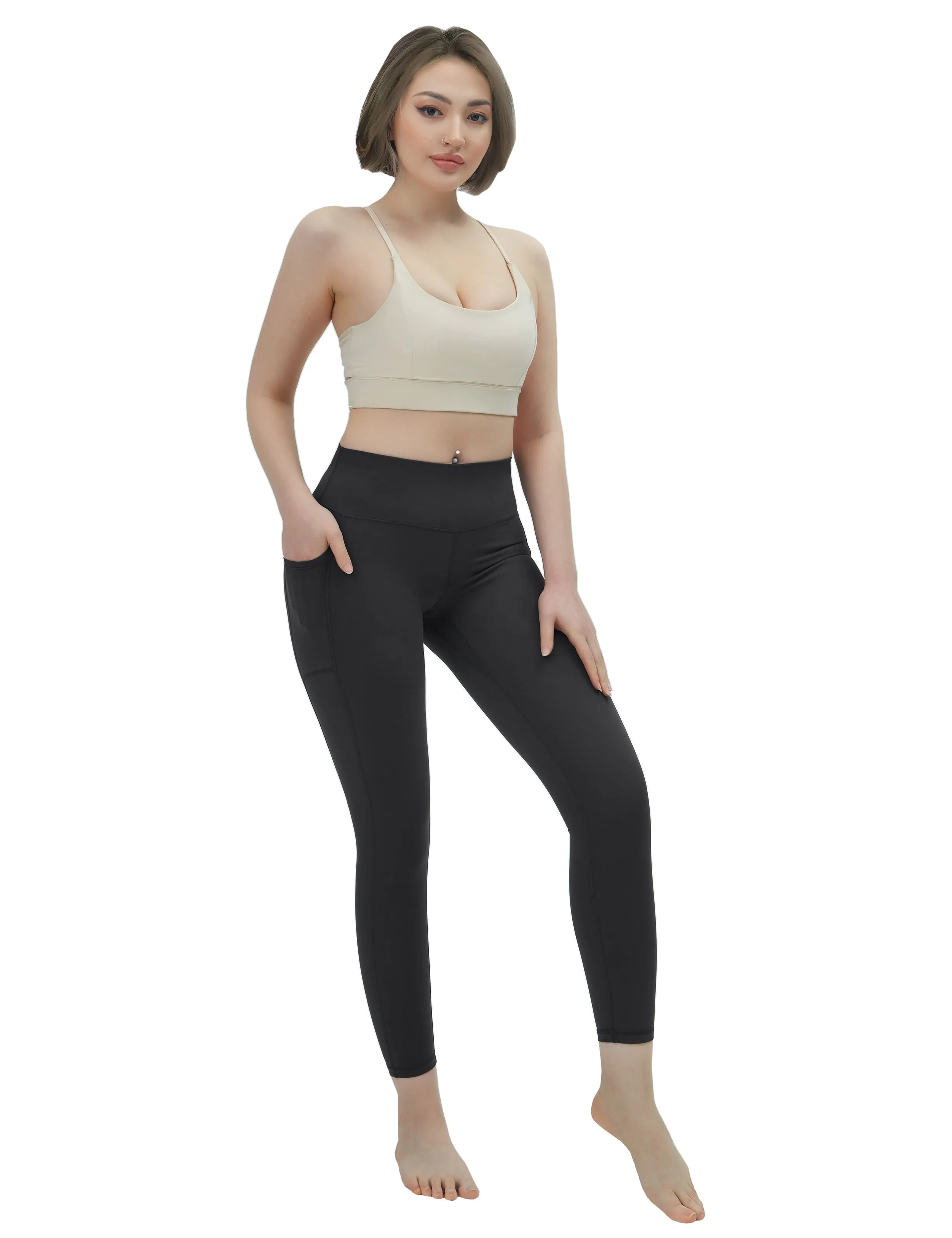 High Waisted Running Pants 7/8 Length Leggings with Pockets charcoalgrey_Running