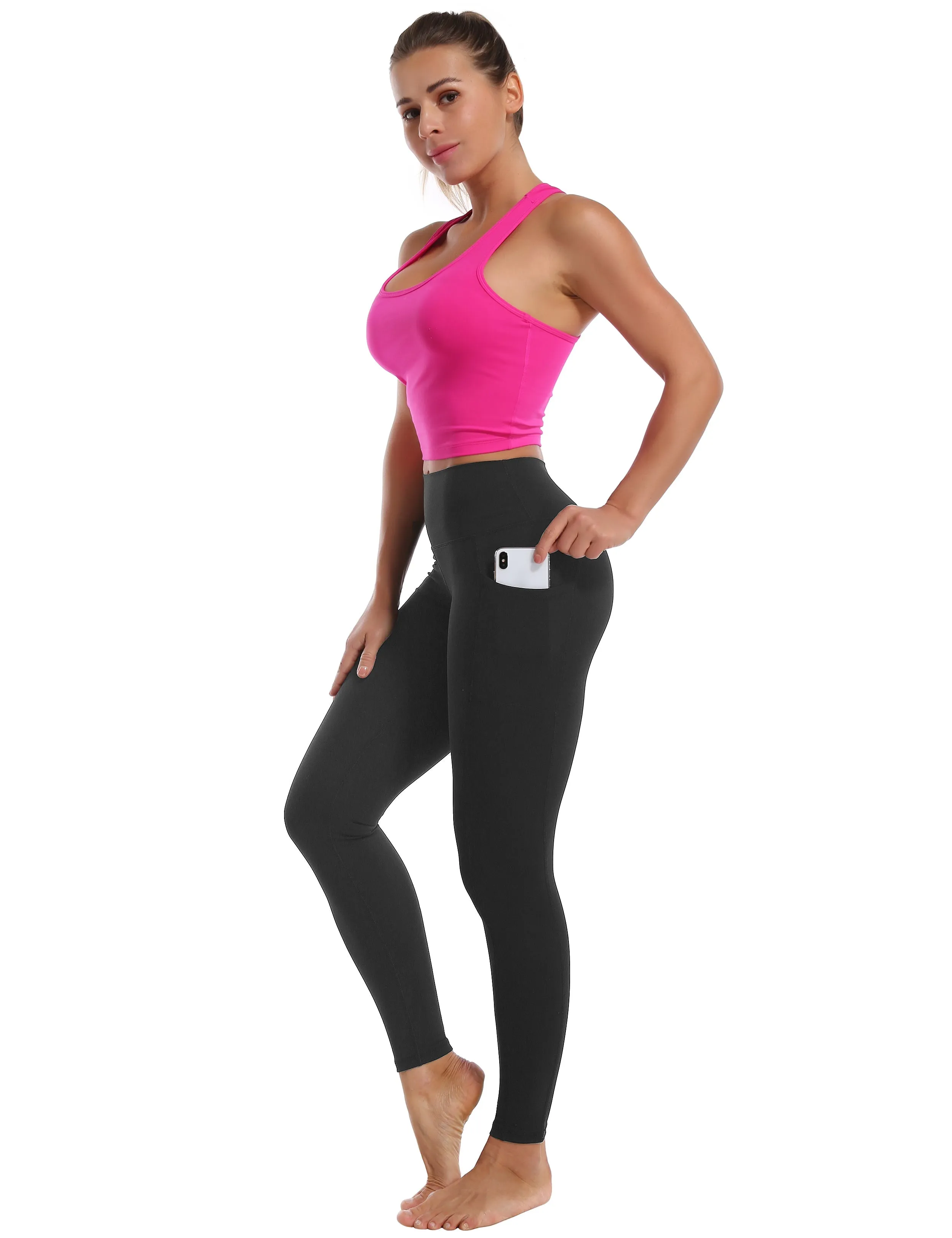 High Waisted Running Pants 7/8 Length Leggings with Pockets charcoalgrey_Running