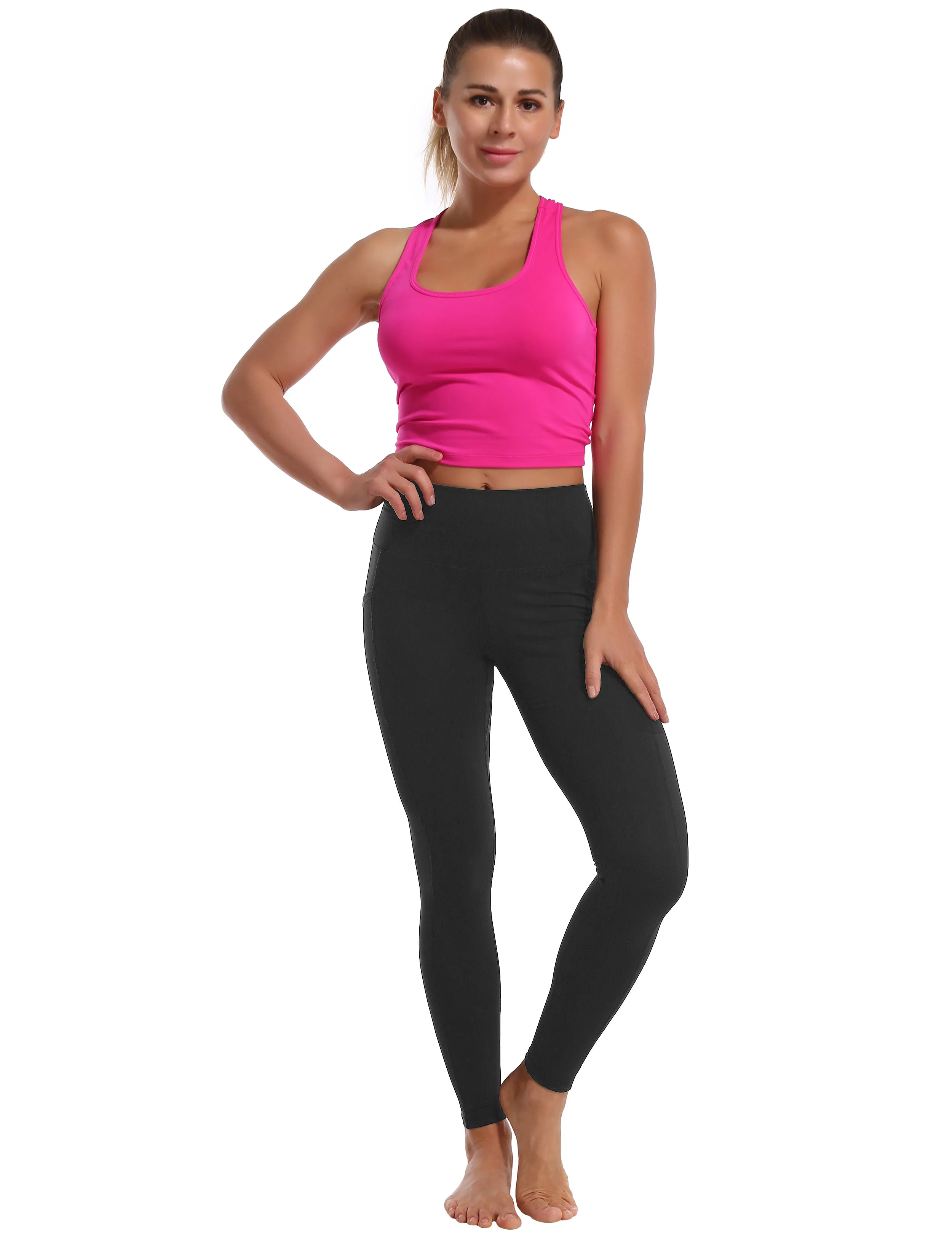 High Waisted Running Pants 7/8 Length Leggings with Pockets charcoalgrey_Running