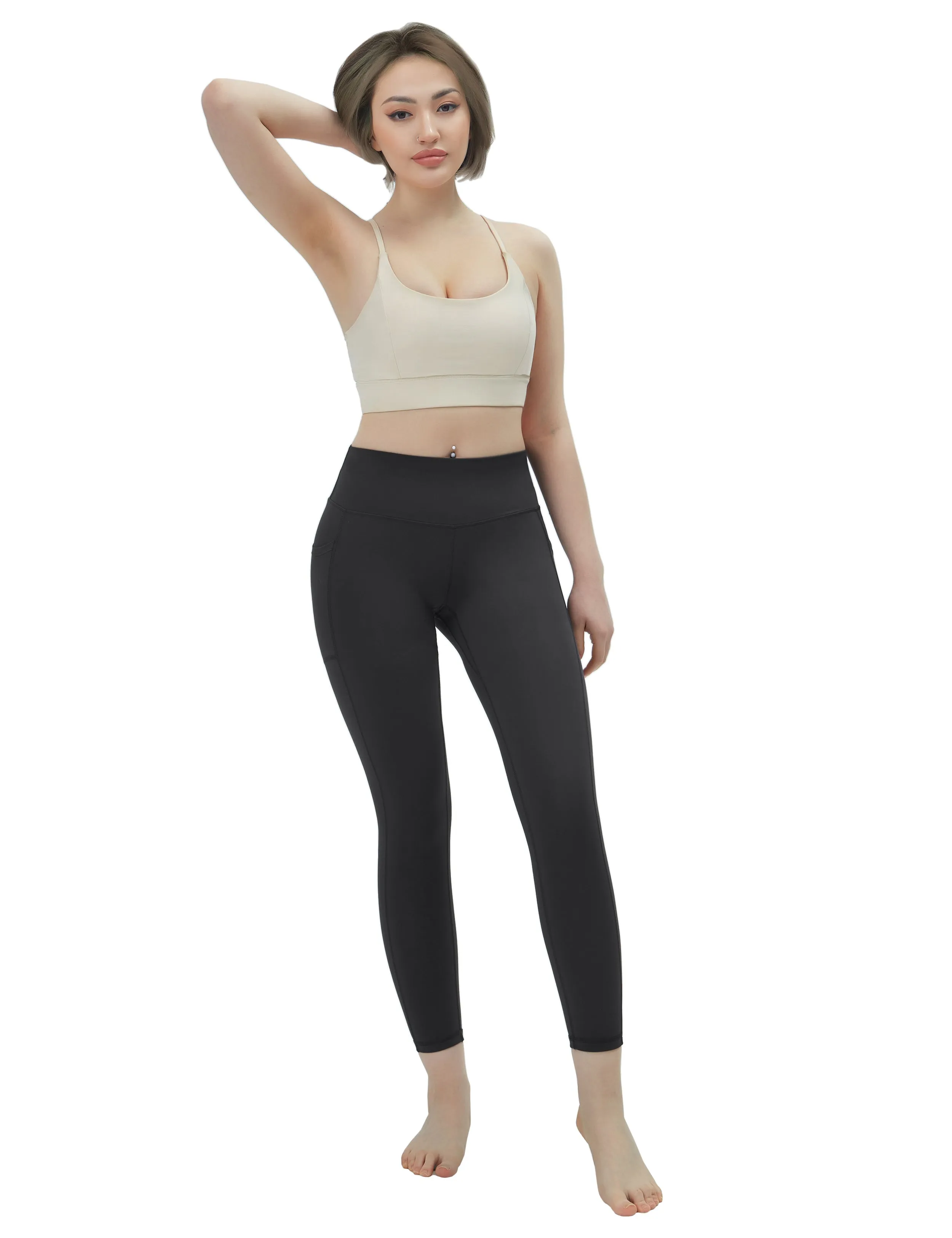 High Waisted Running Pants 7/8 Length Leggings with Pockets charcoalgrey_Running