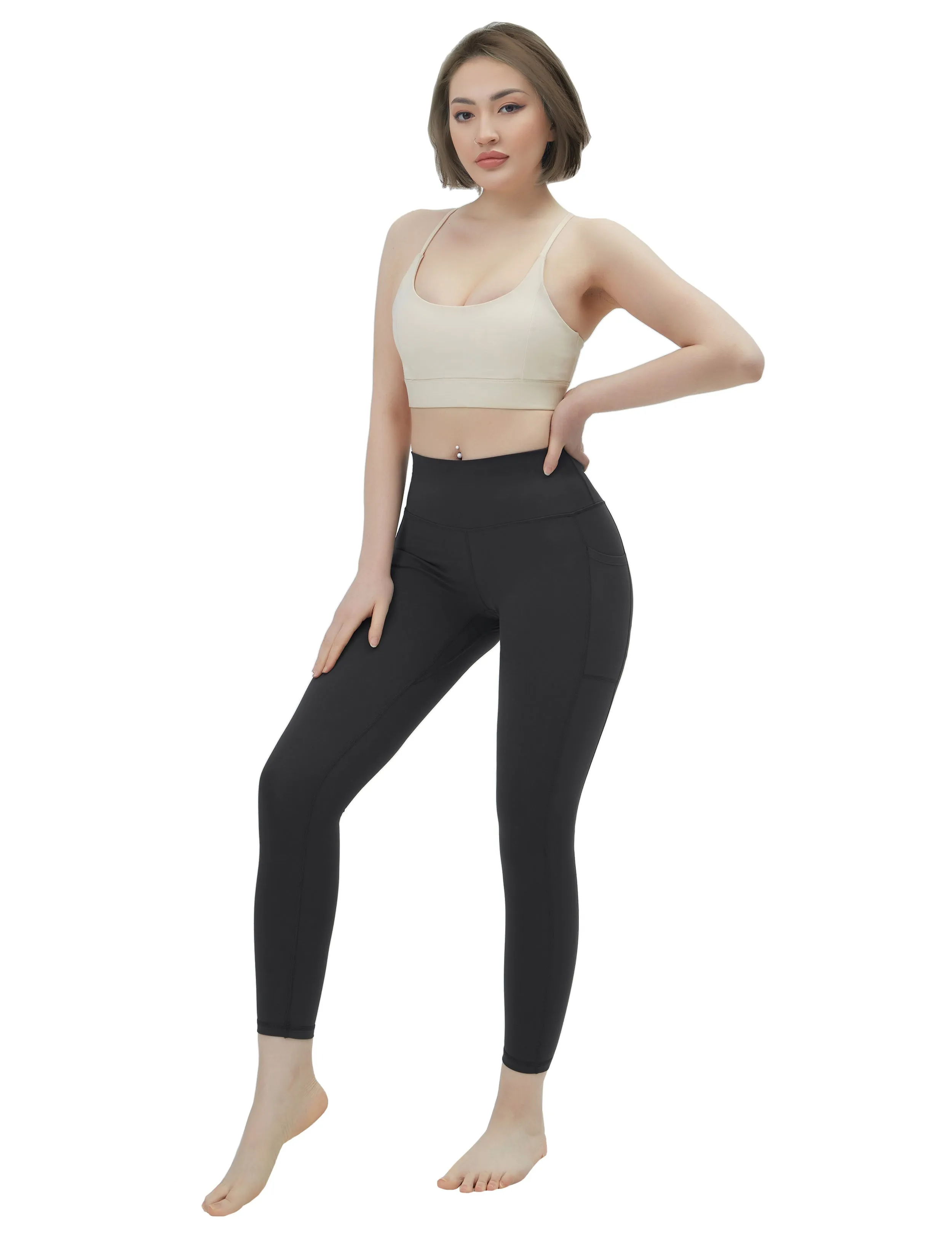 High Waisted Running Pants 7/8 Length Leggings with Pockets charcoalgrey_Running