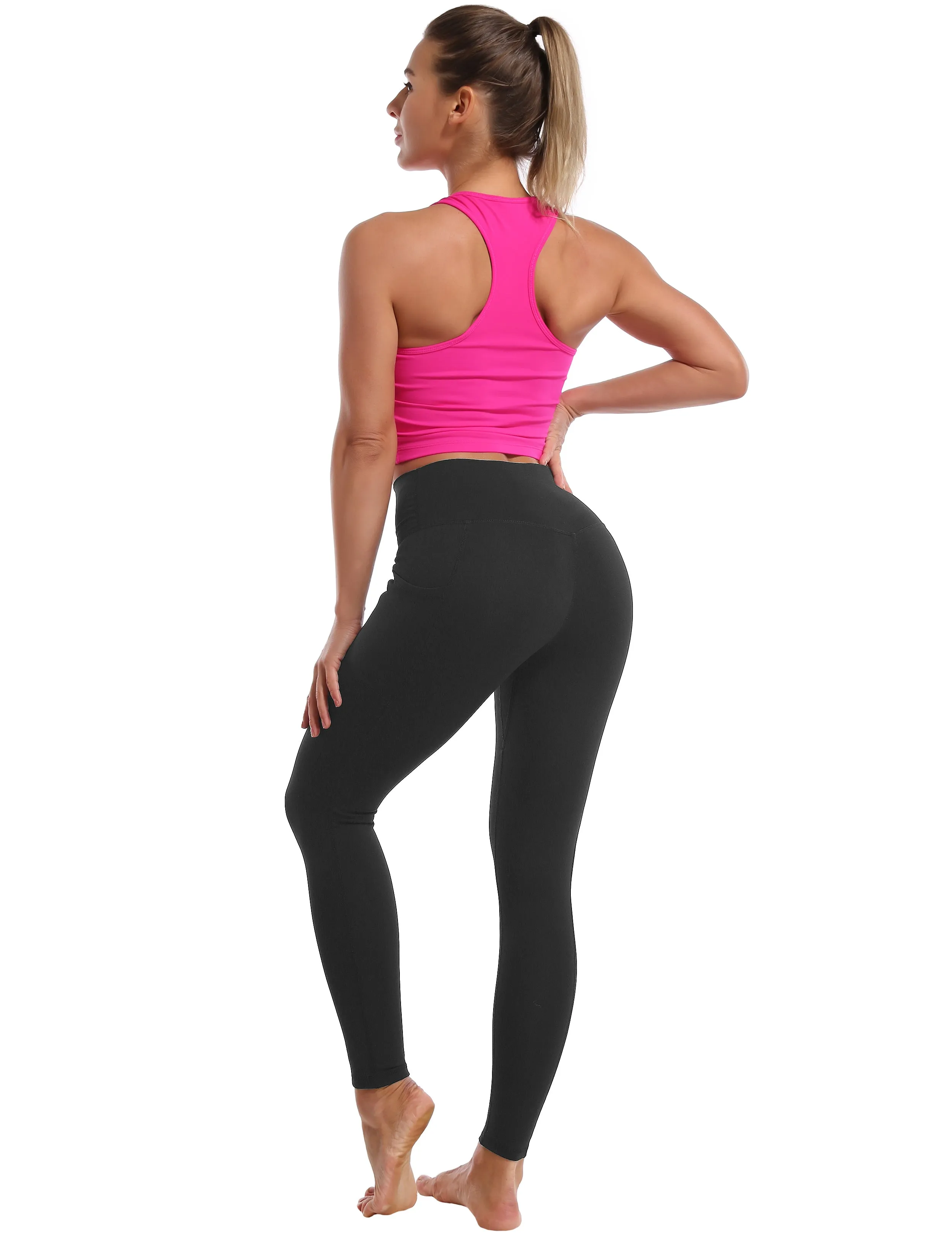 High Waisted Running Pants 7/8 Length Leggings with Pockets charcoalgrey_Running