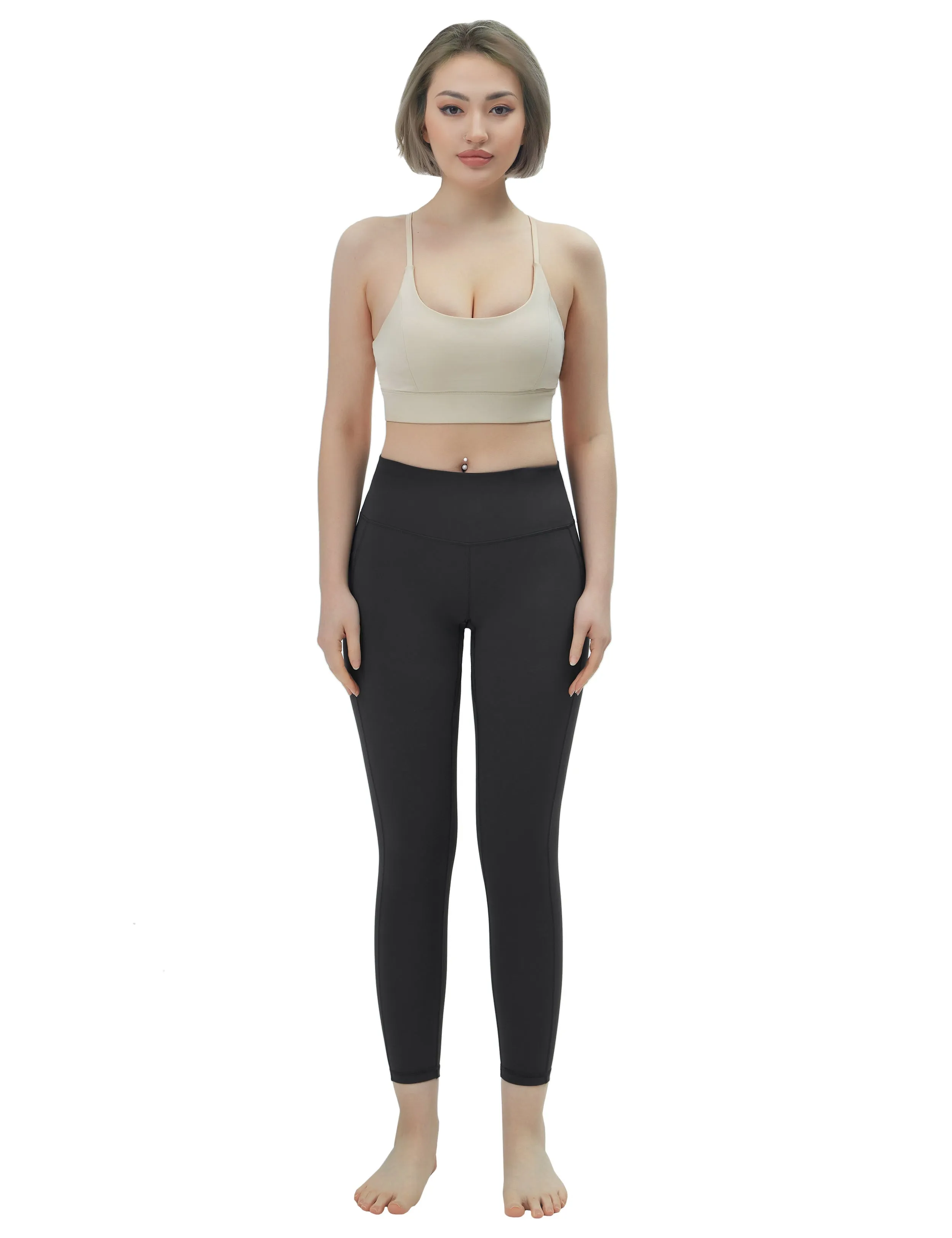 High Waisted Running Pants 7/8 Length Leggings with Pockets charcoalgrey_Running