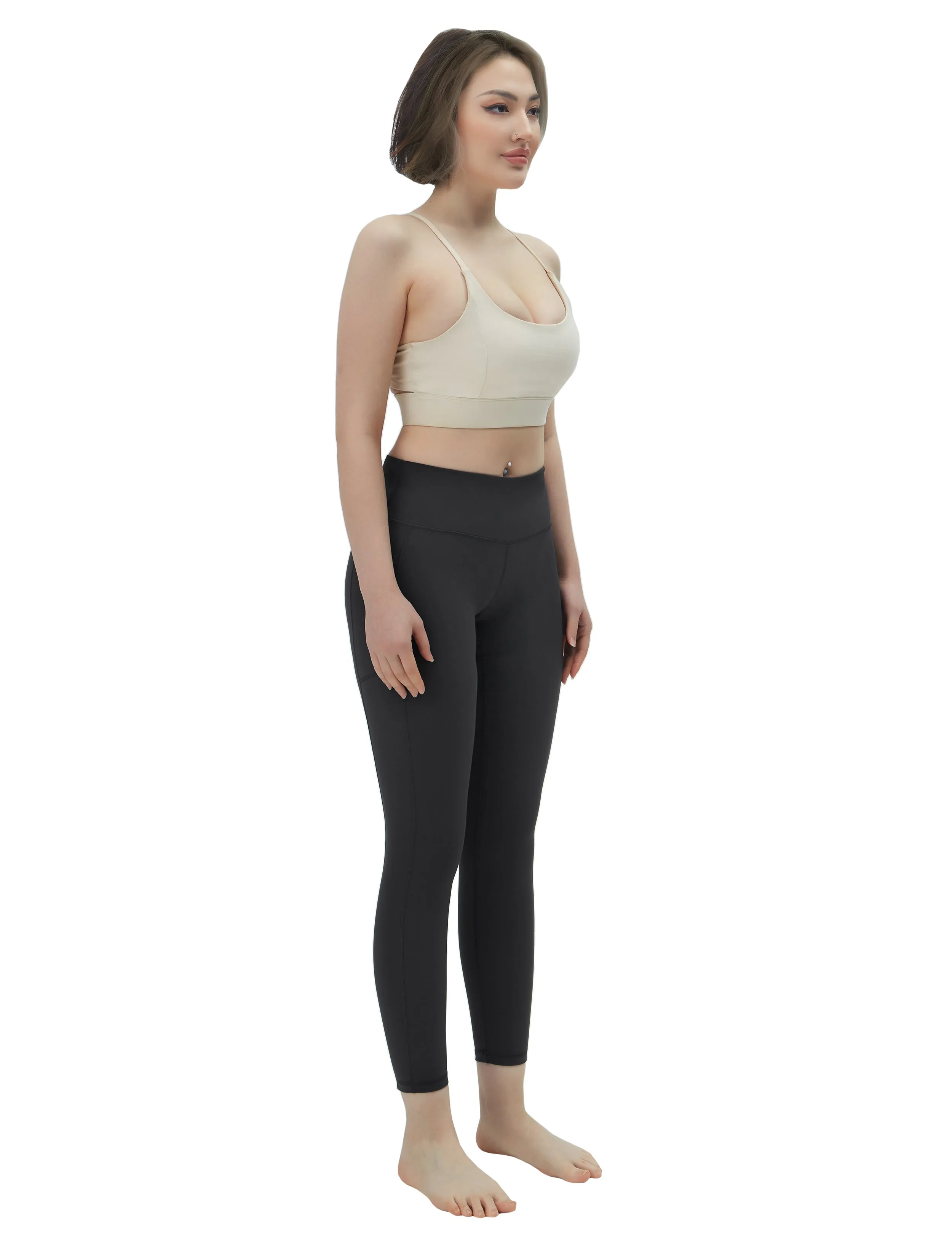 High Waisted Running Pants 7/8 Length Leggings with Pockets charcoalgrey_Running