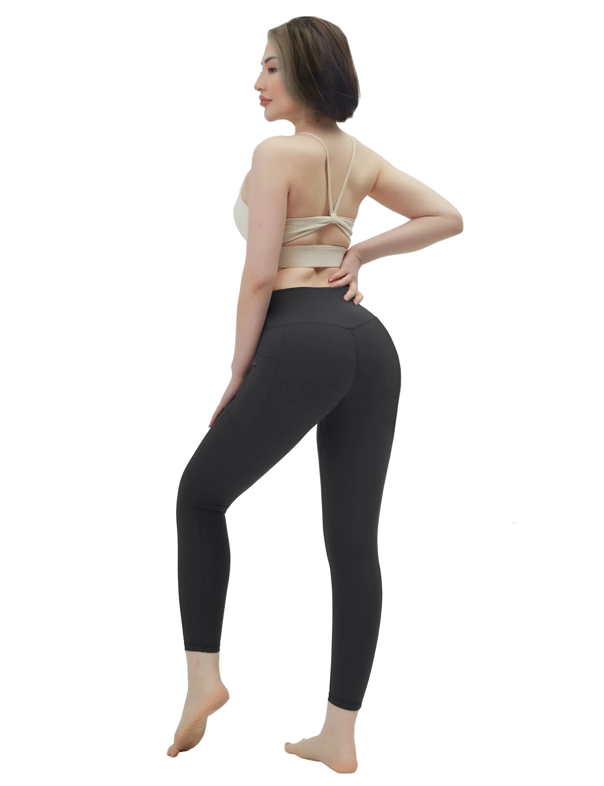 High Waisted Running Pants 7/8 Length Leggings with Pockets charcoalgrey_Running