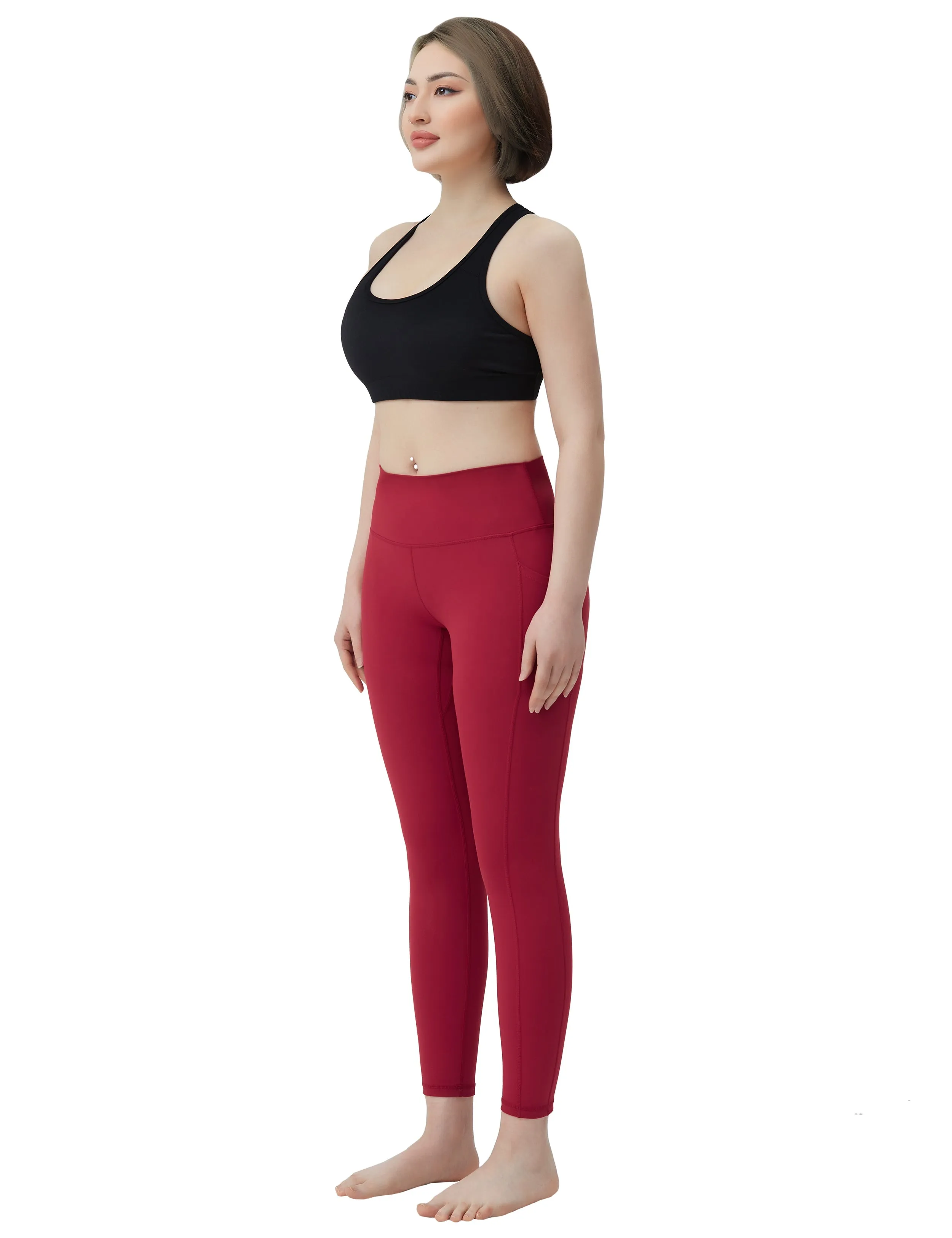 High Waisted Running Pants 7/8 Length Leggings with Pockets red_Running