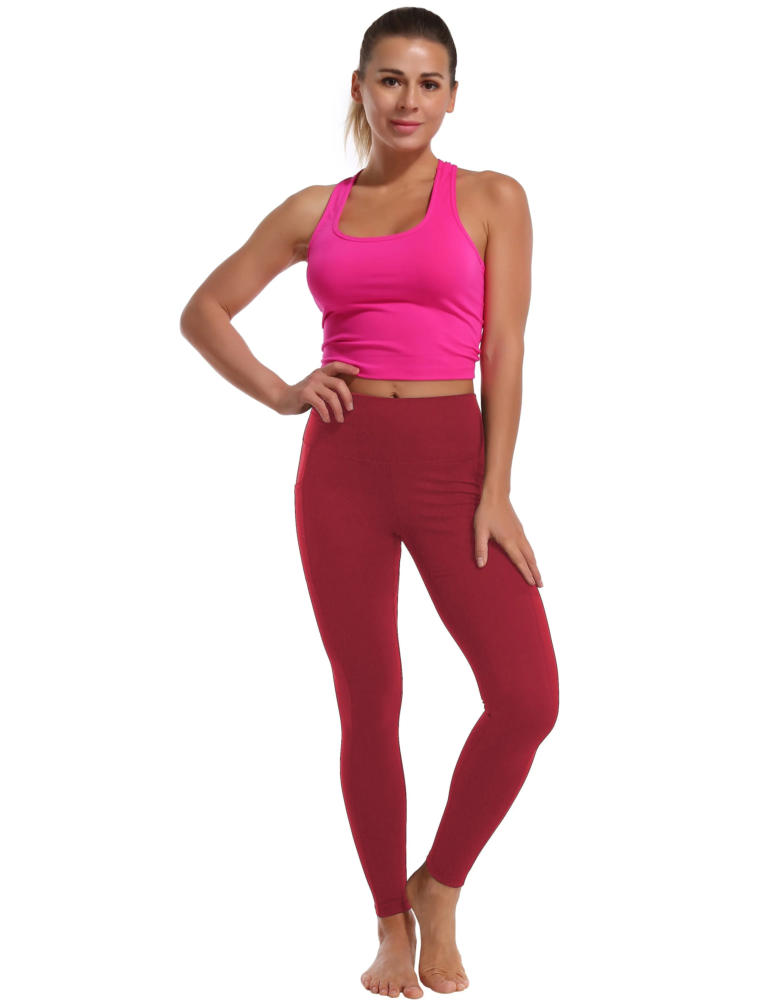 High Waisted Running Pants 7/8 Length Leggings with Pockets red_Running