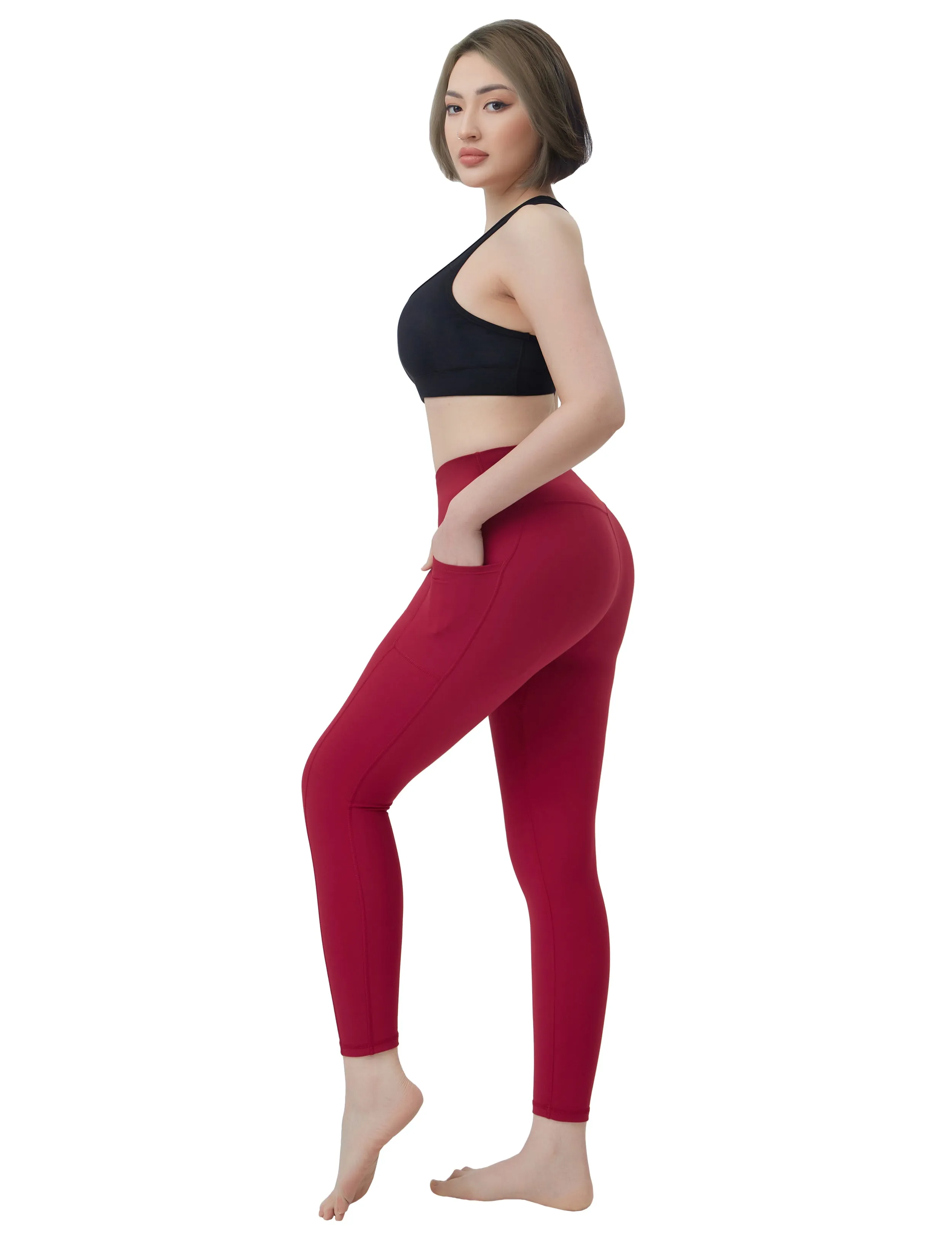 High Waisted Running Pants 7/8 Length Leggings with Pockets red_Running