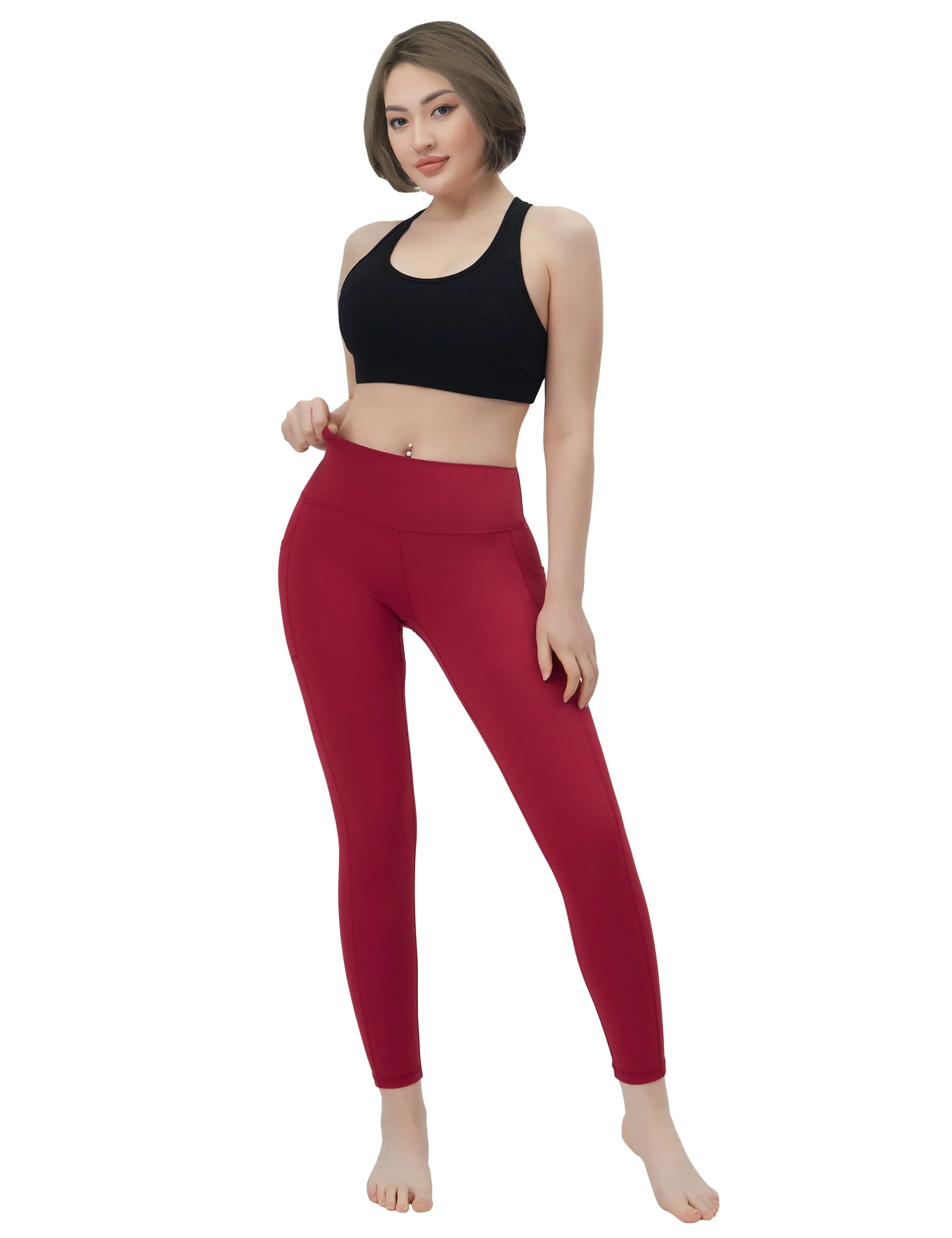 High Waisted Running Pants 7/8 Length Leggings with Pockets red_Running