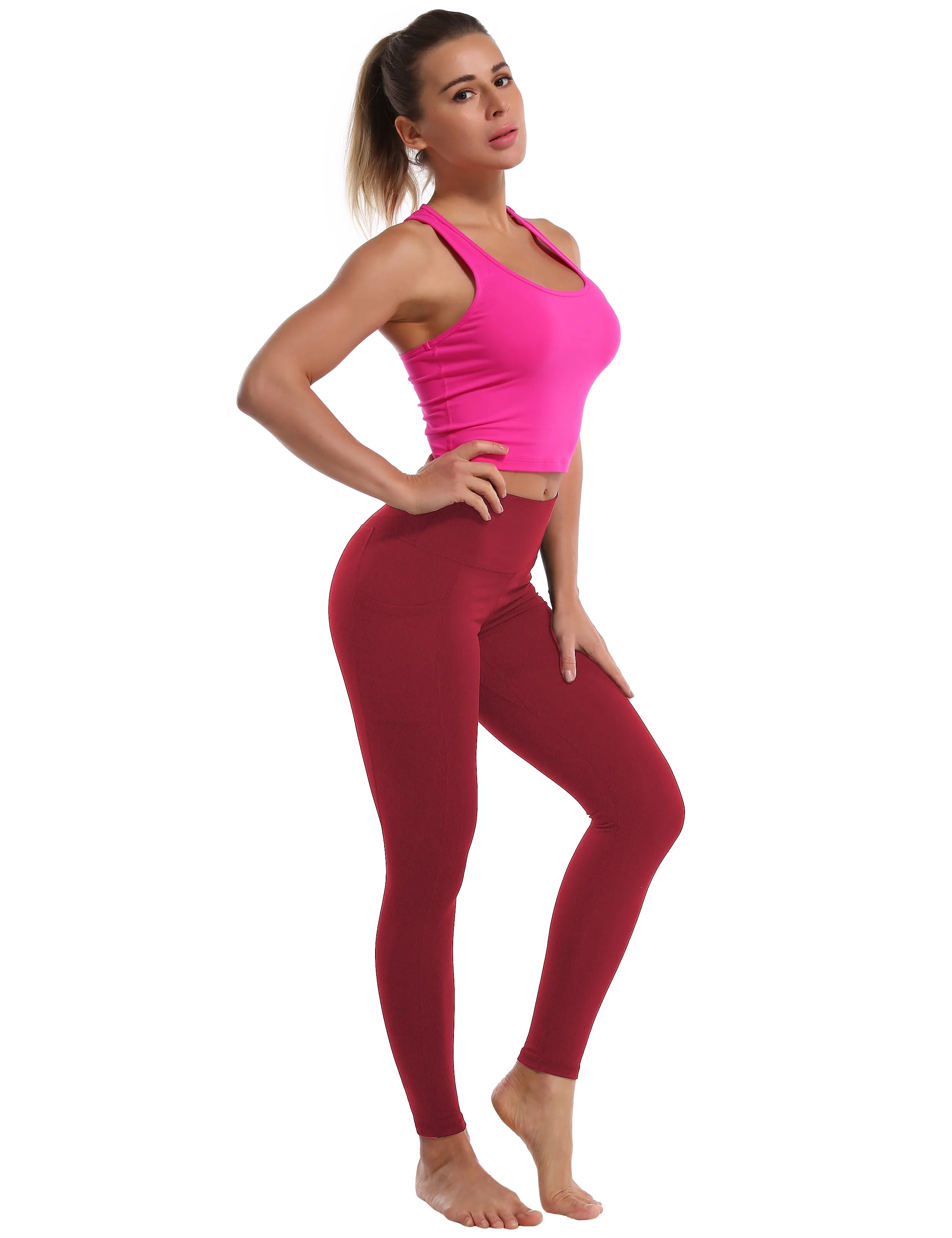 High Waisted Running Pants 7/8 Length Leggings with Pockets red_Running