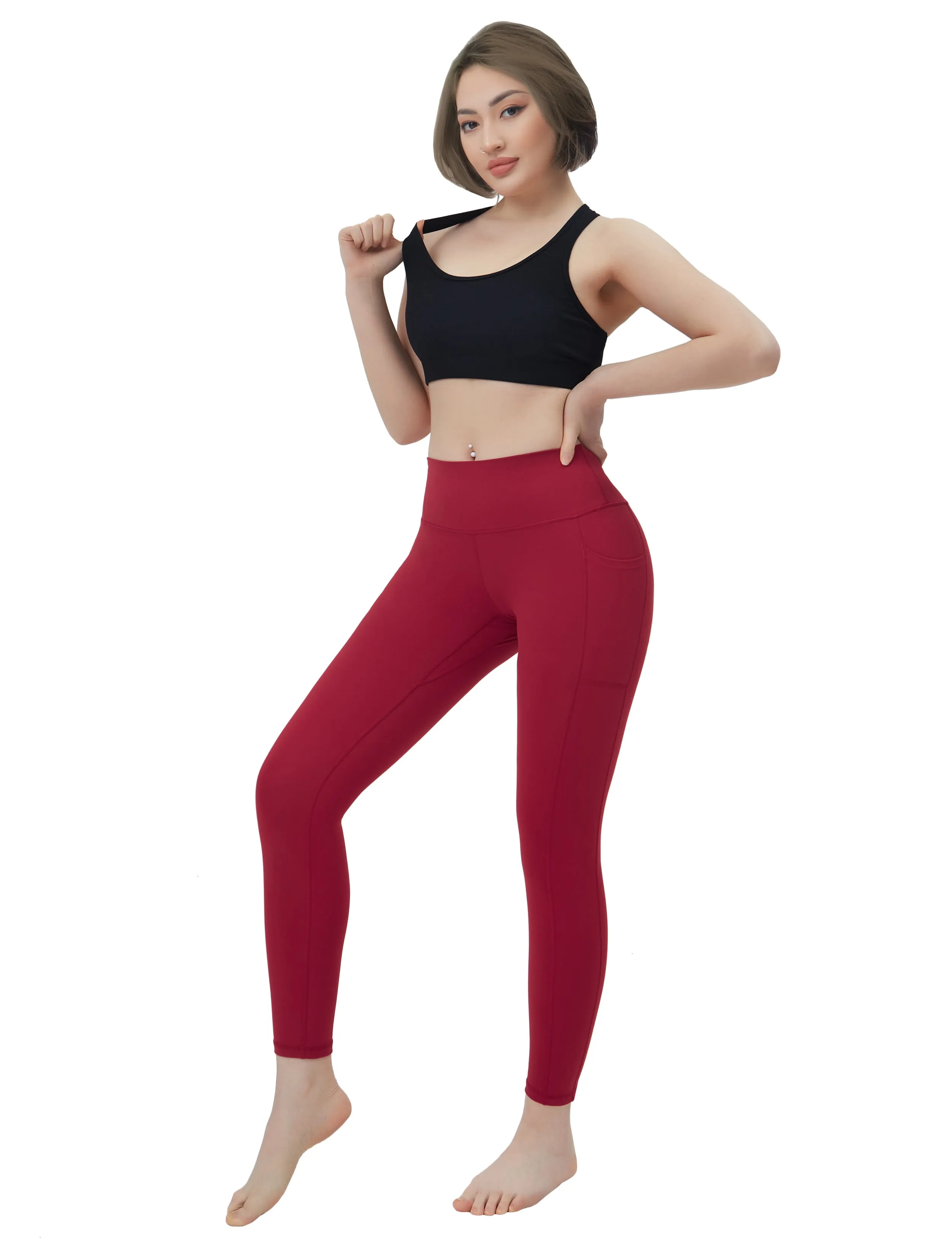High Waisted Running Pants 7/8 Length Leggings with Pockets red_Running