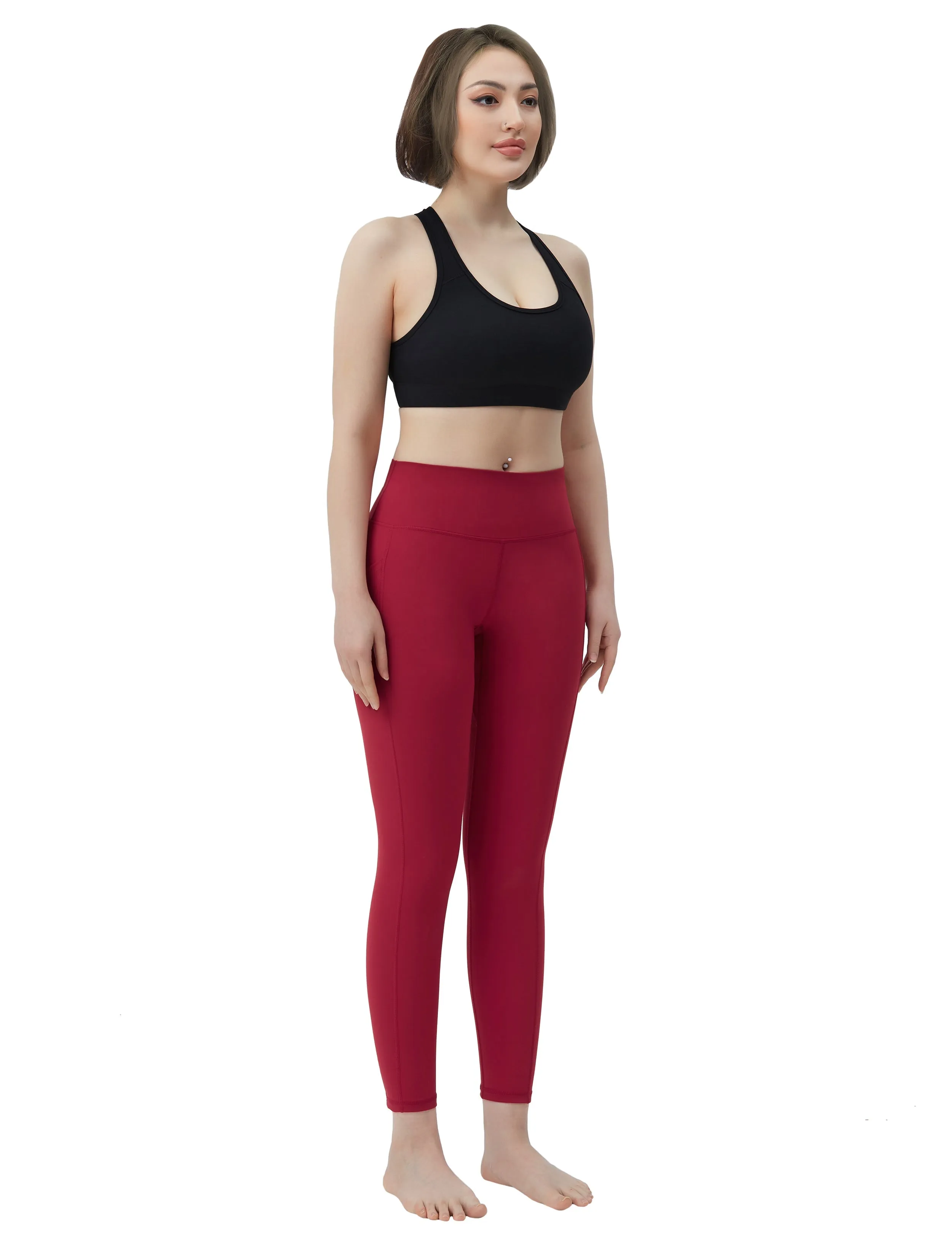 High Waisted Running Pants 7/8 Length Leggings with Pockets red_Running