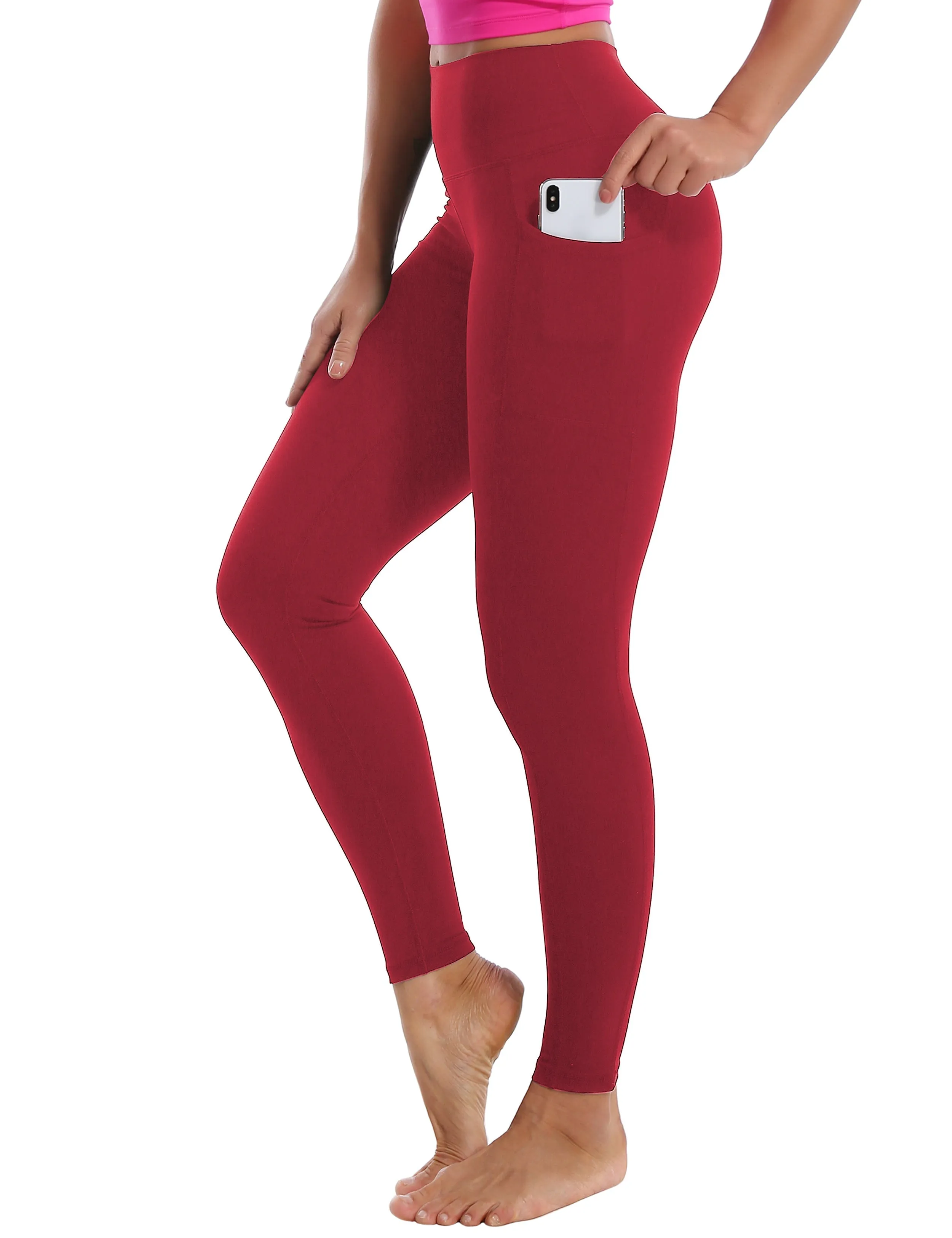 High Waisted Running Pants 7/8 Length Leggings with Pockets red_Running