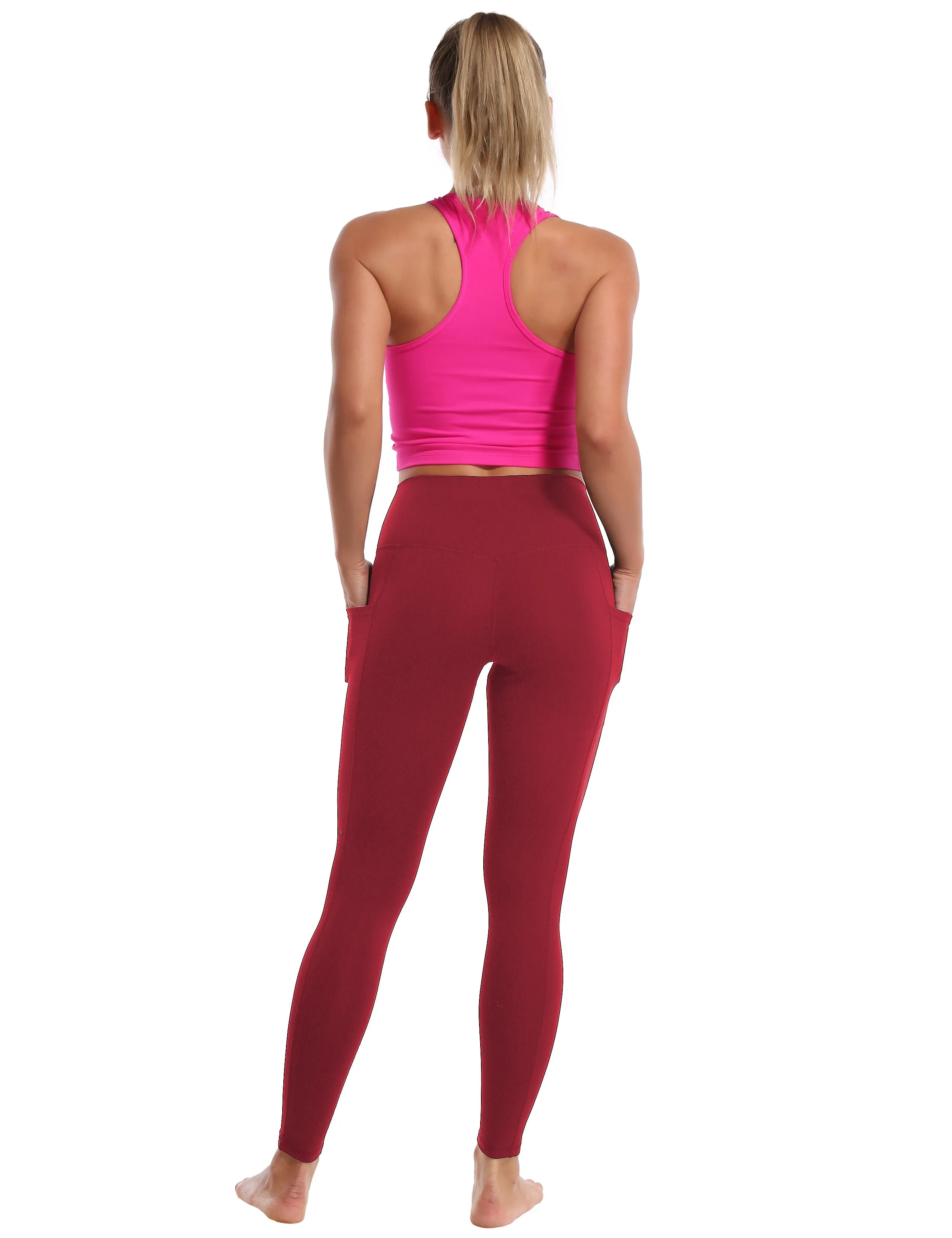High Waisted Running Pants 7/8 Length Leggings with Pockets red_Running