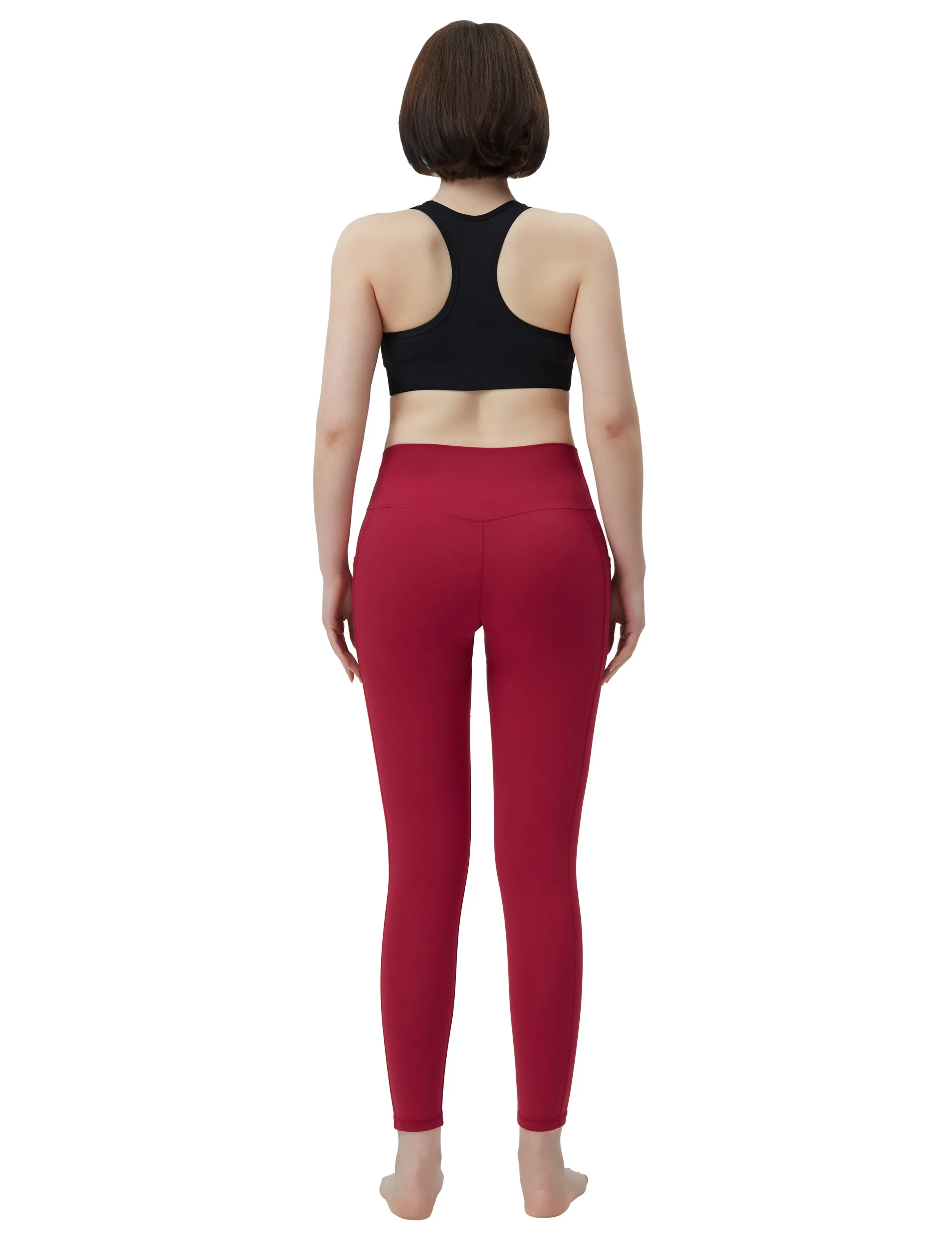 High Waisted Running Pants 7/8 Length Leggings with Pockets red_Running