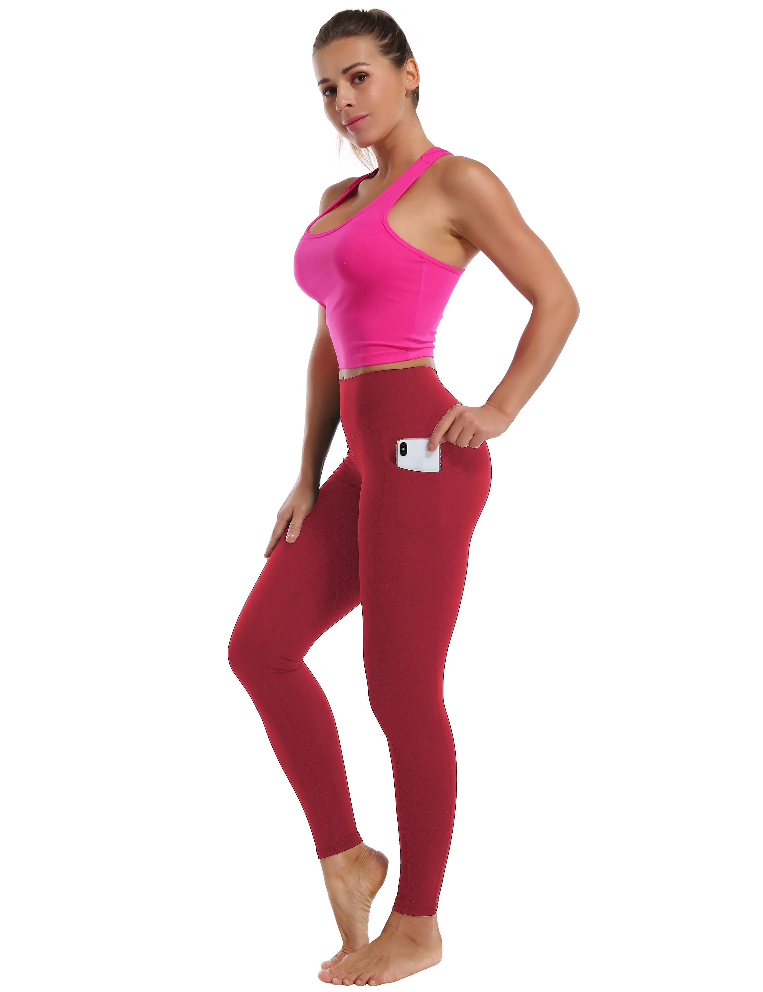 High Waisted Running Pants 7/8 Length Leggings with Pockets red_Running