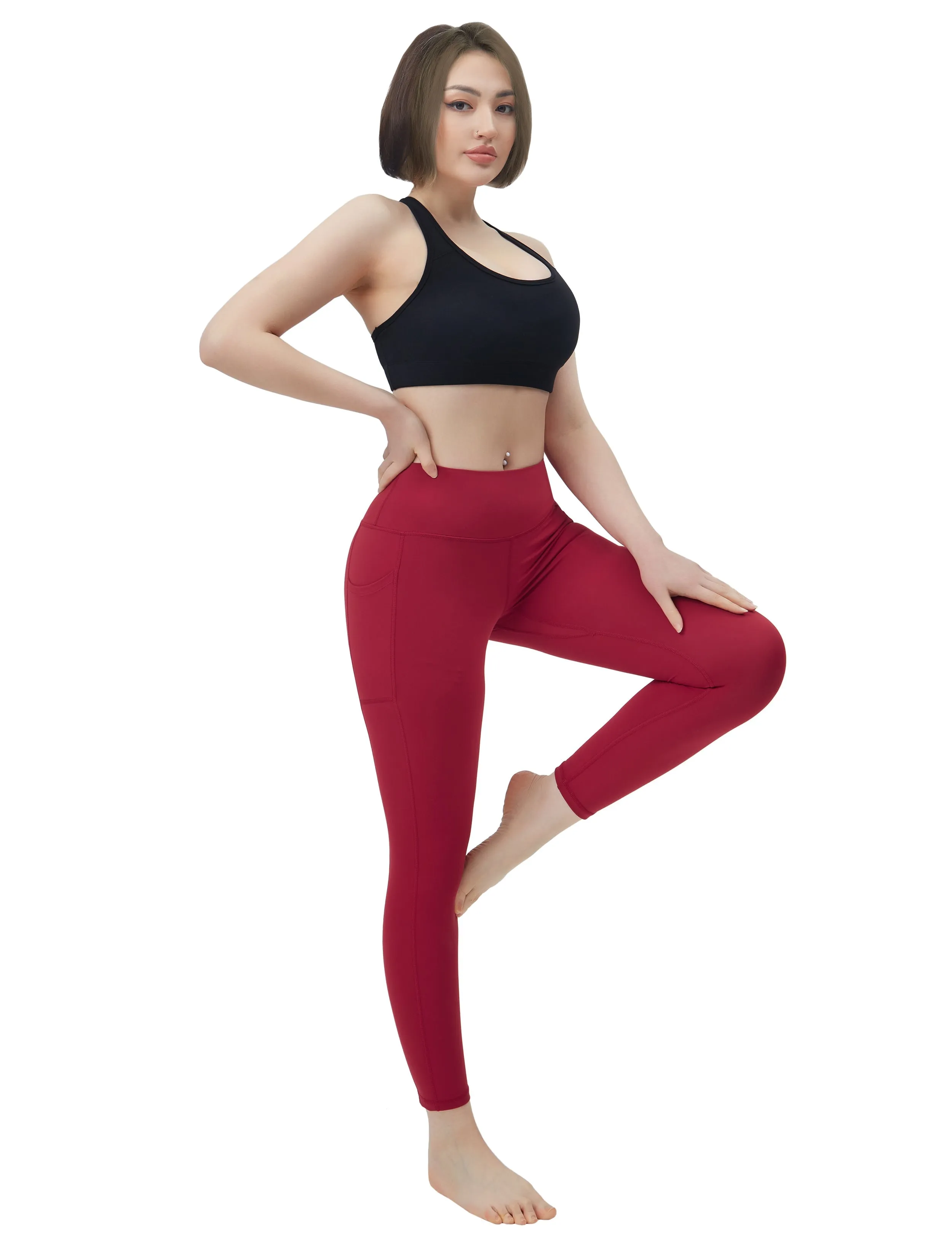High Waisted Yoga Pants 7/8 Length Leggings with Pockets red_yoga